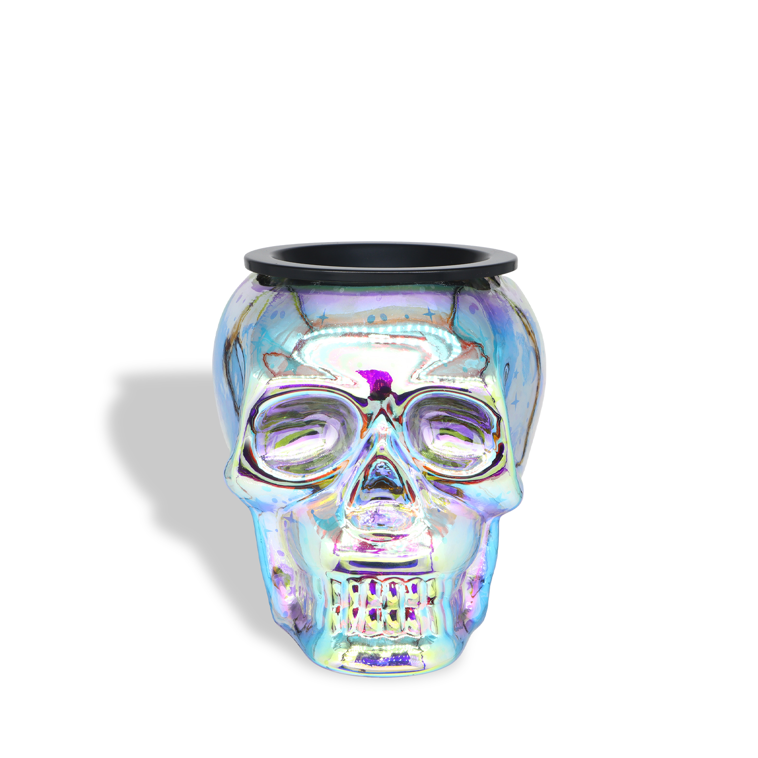 Holographic Skull Wax Melt Warmer by Tuscany Candle® SEASONAL, featuring an iridescent glass finish and a round, black opening at the top, displayed against a white background.