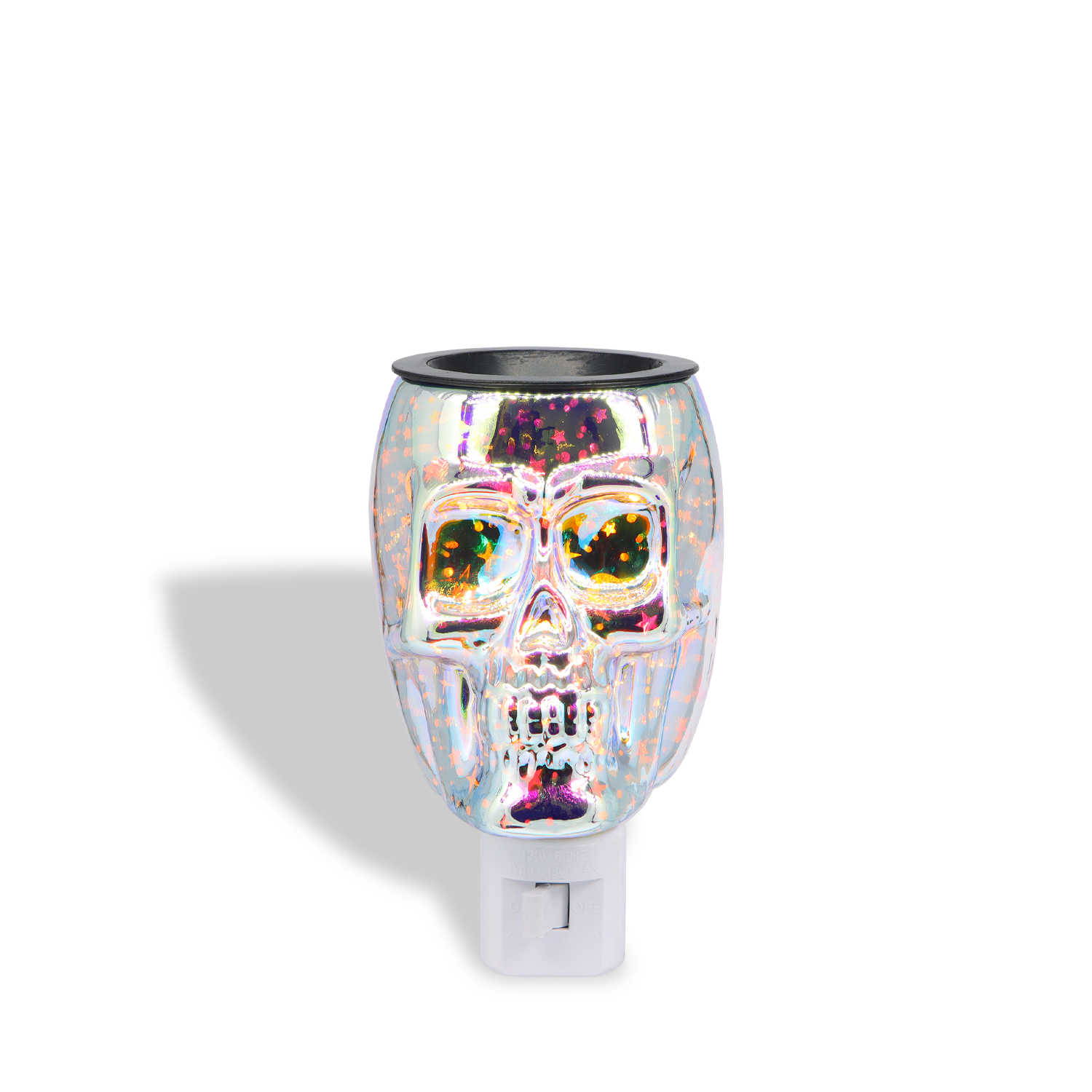 The Tuscany Candle® SEASONAL Holographic Skull Outlet Wax Melt Warmer, featuring a hollow top and an iridescent finish, is shown against a white background with its shadow cast to the left.