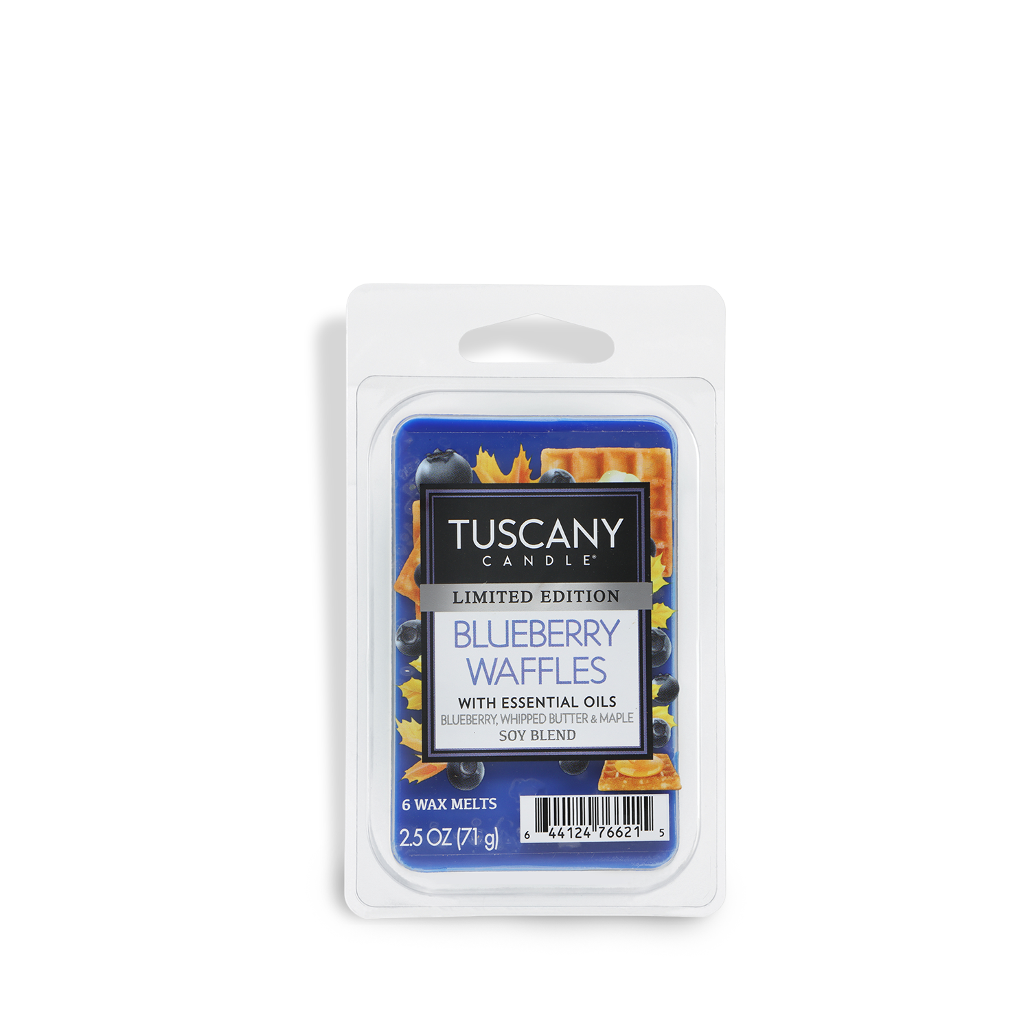 A 2.5 oz pack of Tuscany Candle® SEASONAL Blueberry Waffles: Whipped Butter & Maple scented fall wax melts, featuring blueberries and waffles on the label.