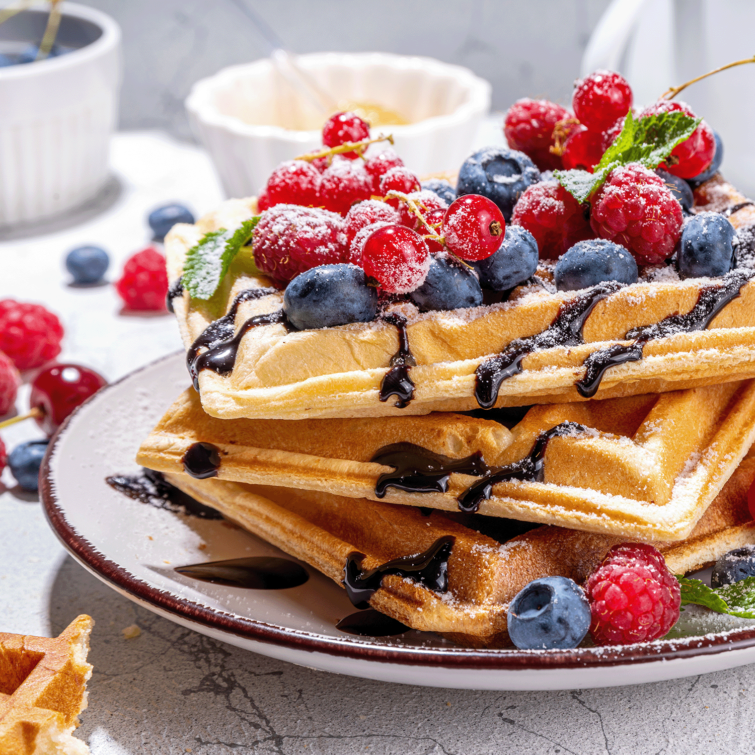 A plate of waffles piled high with blueberries, raspberries, red currants, powdered sugar, and chocolate syrup sits on a light-colored table—perfectly mirroring the cozy aroma of our Tuscany Candle® SEASONAL Blueberry Waffles: Whipped Butter & Maple Scented Fall Wax Melt (2.5 oz), crafted from a premium soy blend and designed to fill your space with the comforting fragrance of autumn.
