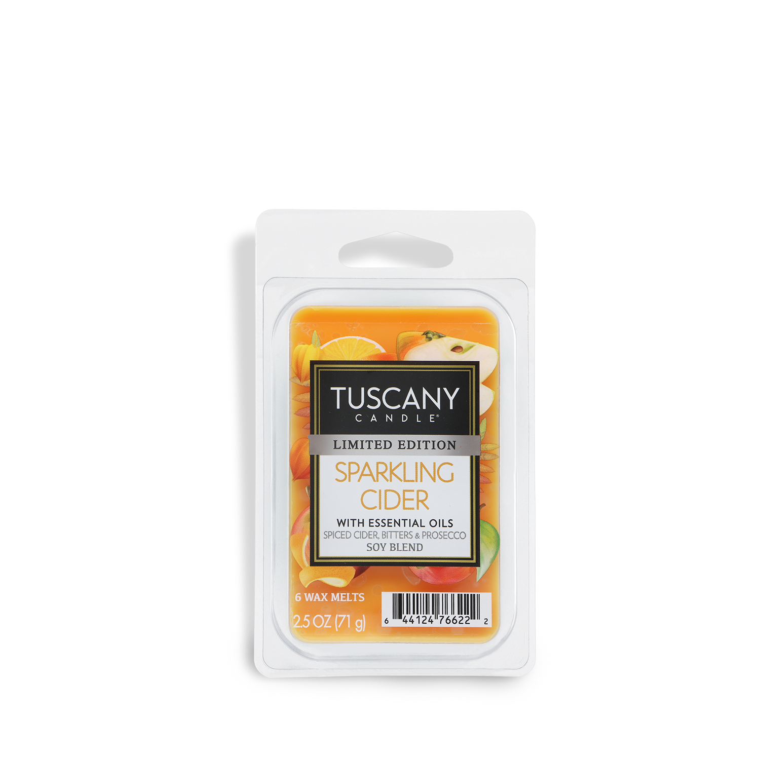 A 2.5 oz Tuscany Candle® SEASONAL Sparkling Cider: Bitters & Prosecco scented fall wax melt, limited edition, with essential oils and a citrus and spice-themed label.