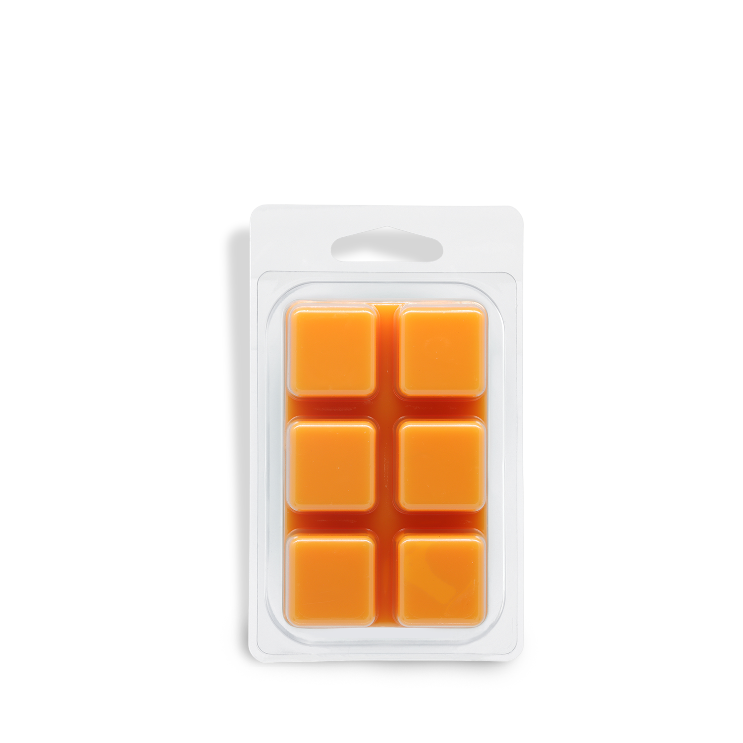 A plastic clamshell holds six orange wax melt cubes (2.5 oz), arranged in two rows of three, from Tuscany Candle® SEASONAL. Cozy Pumpkin: Sweet Pumpkin & Clove Scented Fall Wax Melt shown on a white background.