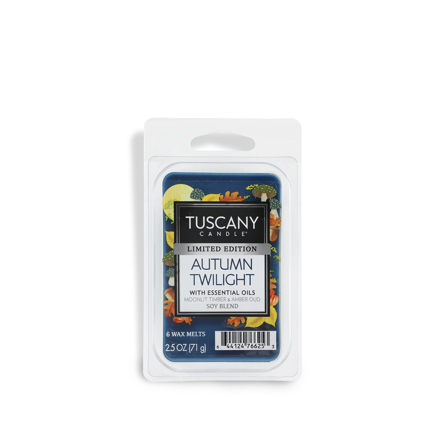 Tuscany Candle® SEASONAL Autumn Twilight: Moonlit Timber & Amber Oud scented fall wax melt, 2.5 oz, limited edition with essential oils in clear plastic packaging.