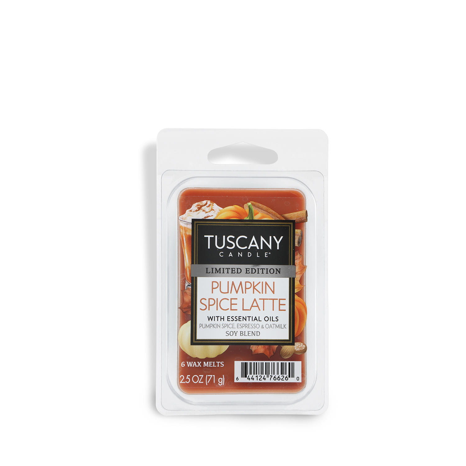 A 2.5 oz Tuscany Candle® SEASONAL Pumpkin Spice Latte: Espresso & Oat Milk scented fall wax melt, featuring pumpkins, spices, and a latte on the label.