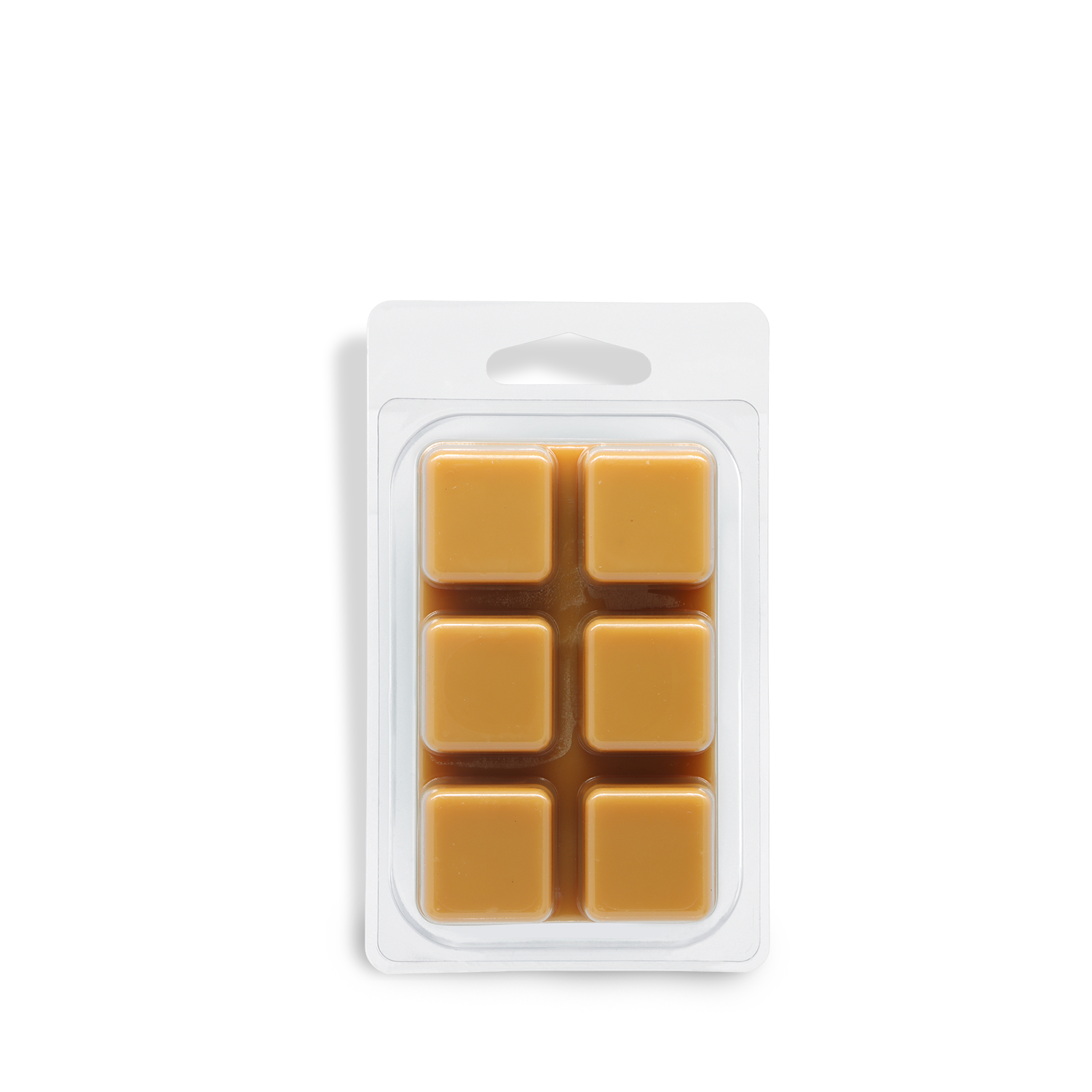 A plastic clamshell holds six square, caramel-colored Maple Pumpkin: Buttered Pancake Scented Fall Wax Melts (2.5 oz) by Tuscany Candle® SEASONAL, arranged in two rows of three on a white background.