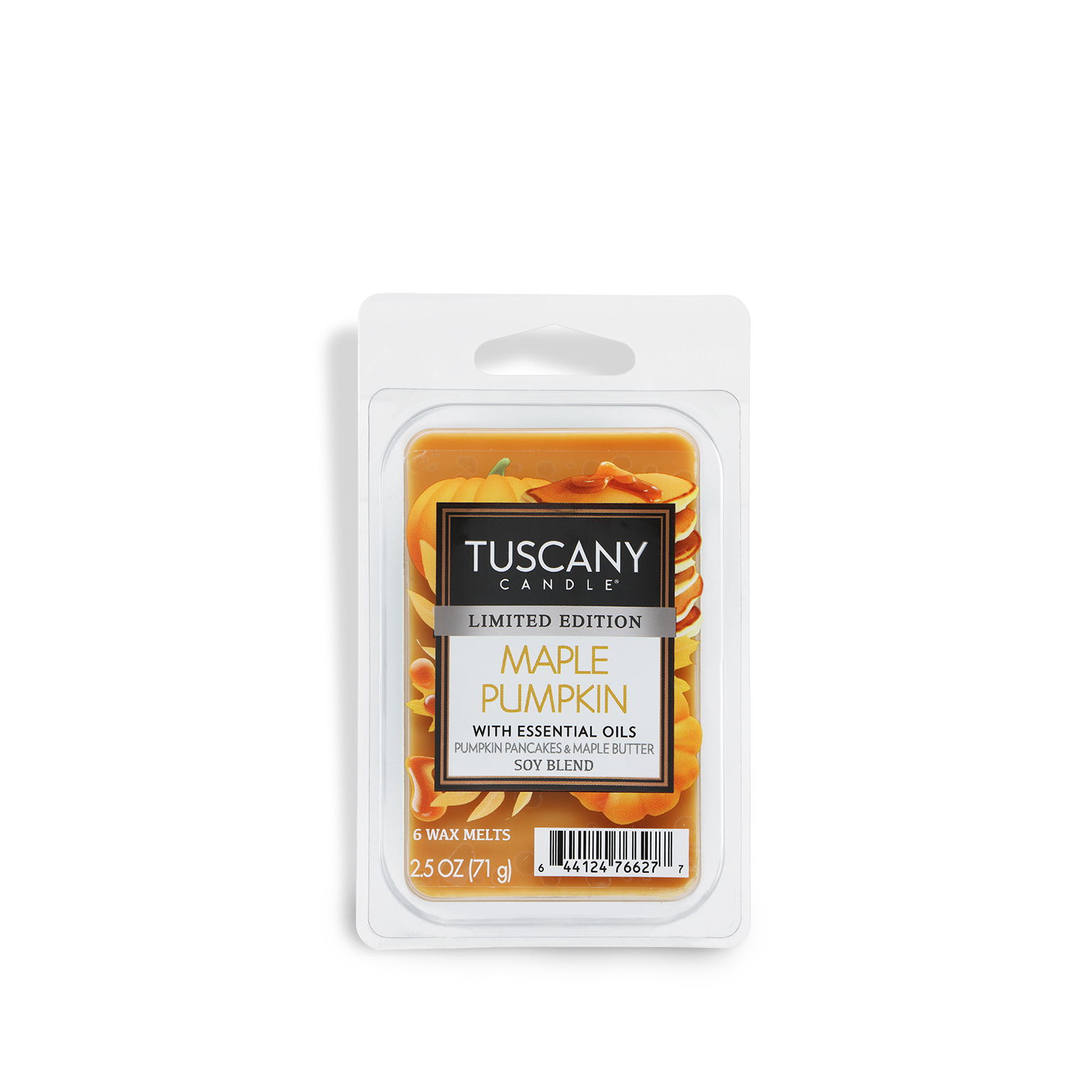 A 2.5 oz package of Tuscany Candle® SEASONAL Maple Pumpkin: Buttered Pancake Scented Fall Wax Melt, limited edition, displayed in clear plastic packaging.