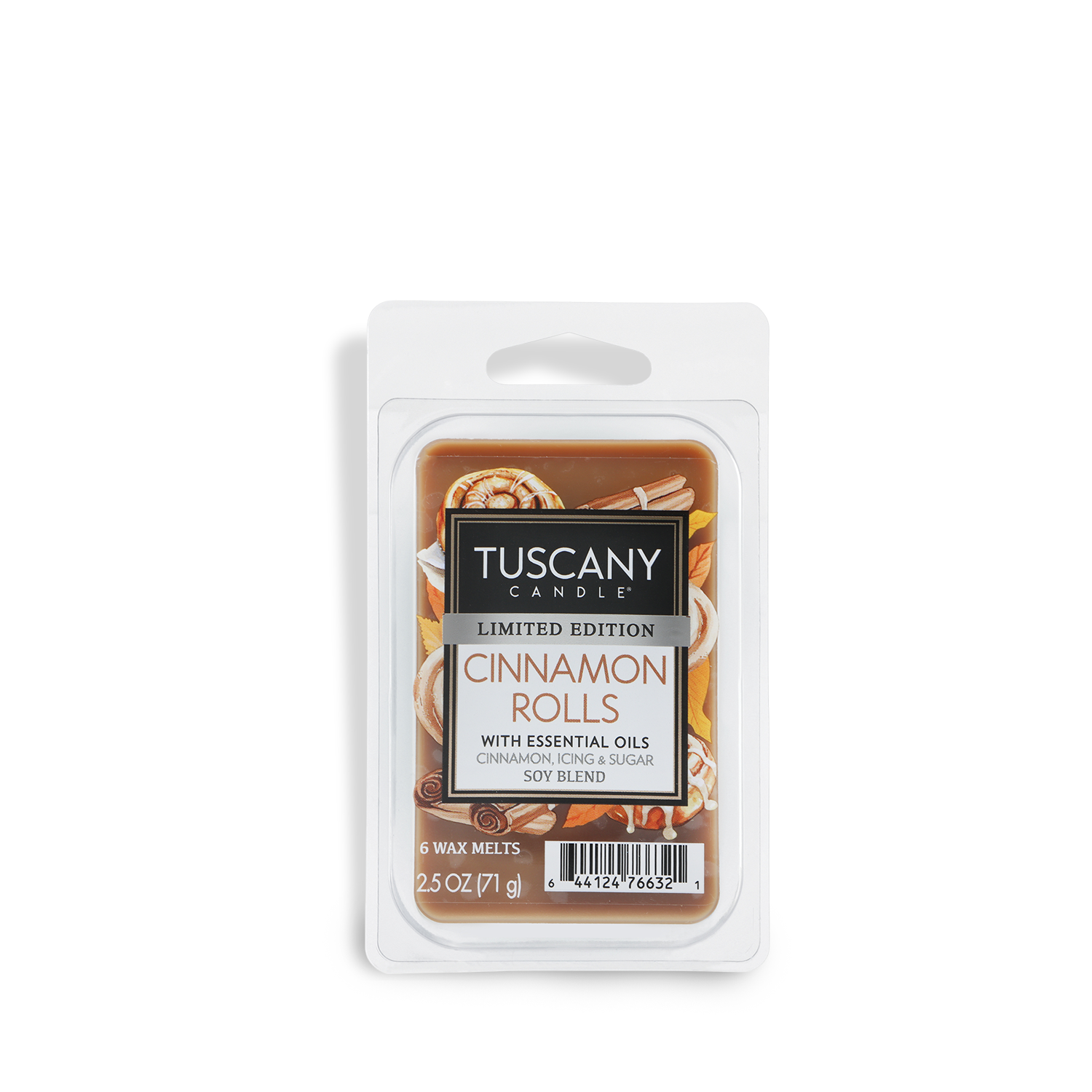 A 2.5 oz package of Tuscany Candle® SEASONAL Cinnamon Rolls: Icing & Sugar Scented Fall Wax Melt, featuring six melts in a plastic container with a labeled front.