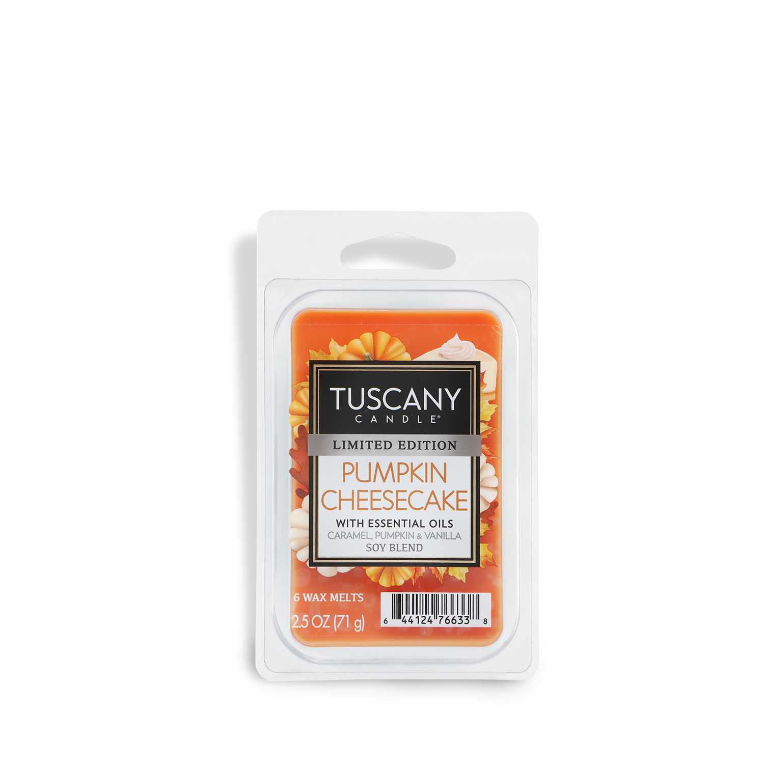 Tuscany Candle® SEASONAL Pumpkin Cheesecake: Caramel & Vanilla Scented Fall Wax Melt (2.5 oz) comes in orange packaging with images of whipped topping, caramel, and pumpkin pie.