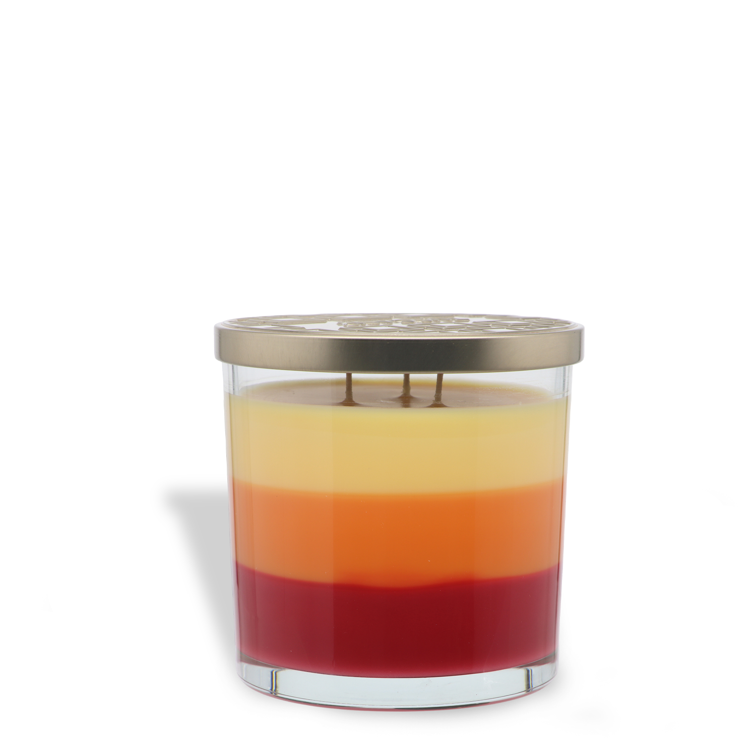 Introducing the Copper Leaves®: Acorns & Crushed Leaves Scented Fall Candle (14 oz) by Tuscany Candle® SEASONAL—a glass jar candle with three wicks and a metallic lid, featuring horizontal layers of red, orange, and yellow wax. This inviting soy blend candle is perfect for filling your home with a warm autumn fragrance.