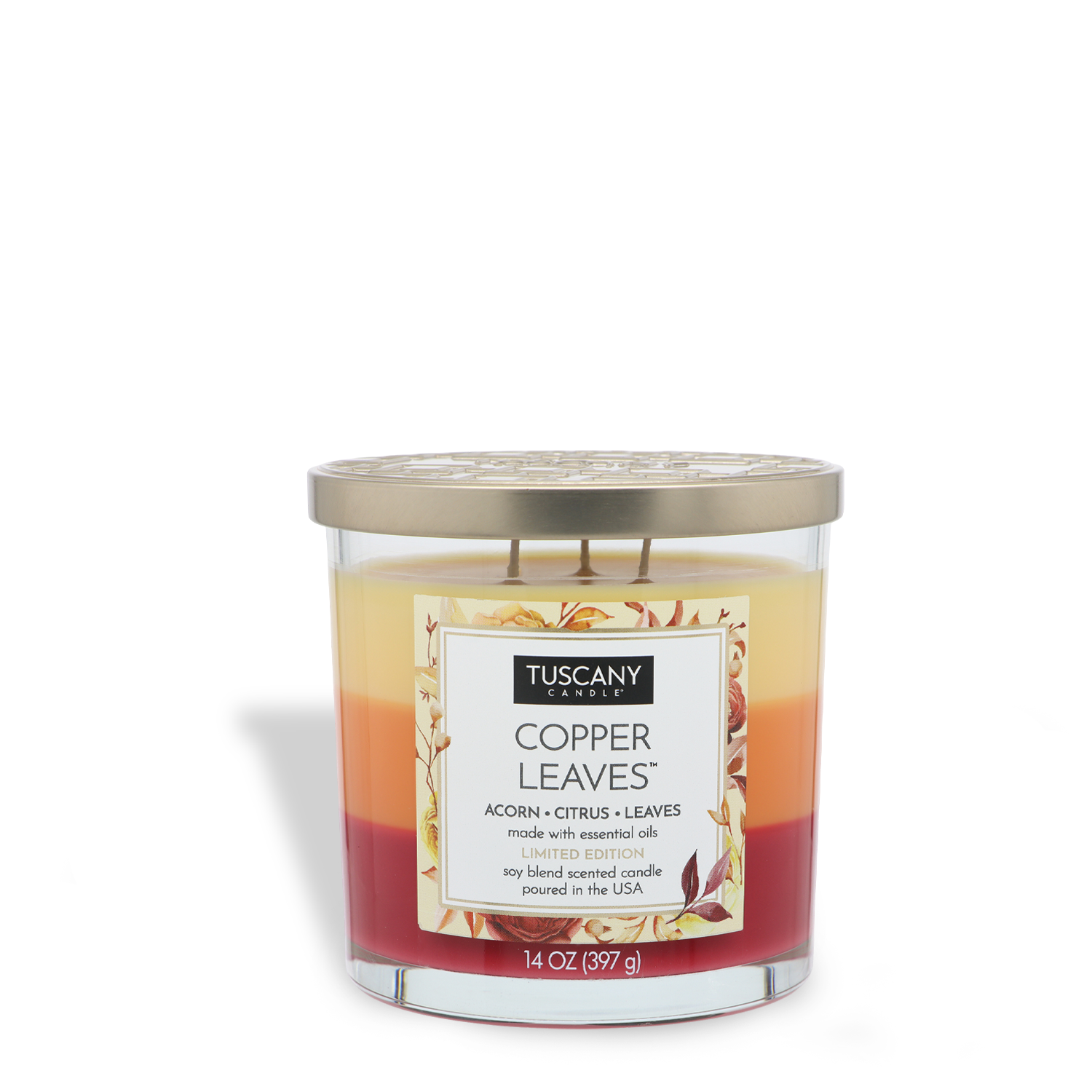 Experience the inviting aroma of autumn with Tuscany Candle® SEASONAL’s Copper Leaves®: Acorns & Crushed Leaves Scented Fall Candle, a three-layer soy blend candle in a clear glass jar with a gold lid (14 oz), featuring rich notes of acorn, citrus, and crushed leaves—perfect for adding seasonal warmth to any space.