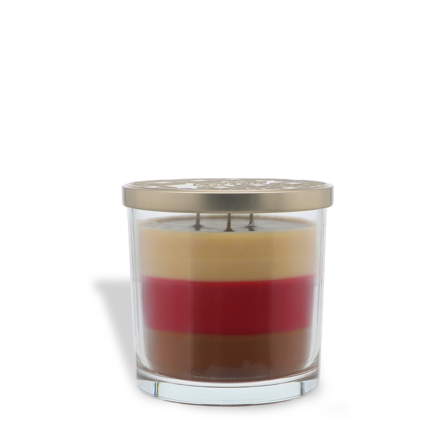 The Tuscany Candle® SEASONAL Cinnamon Rolls: Icing & Sugar Scented Fall Candle (14 oz) features three horizontal layers in tan, red, and beige, a metal lid, and three visible wicks in a glass jar.
