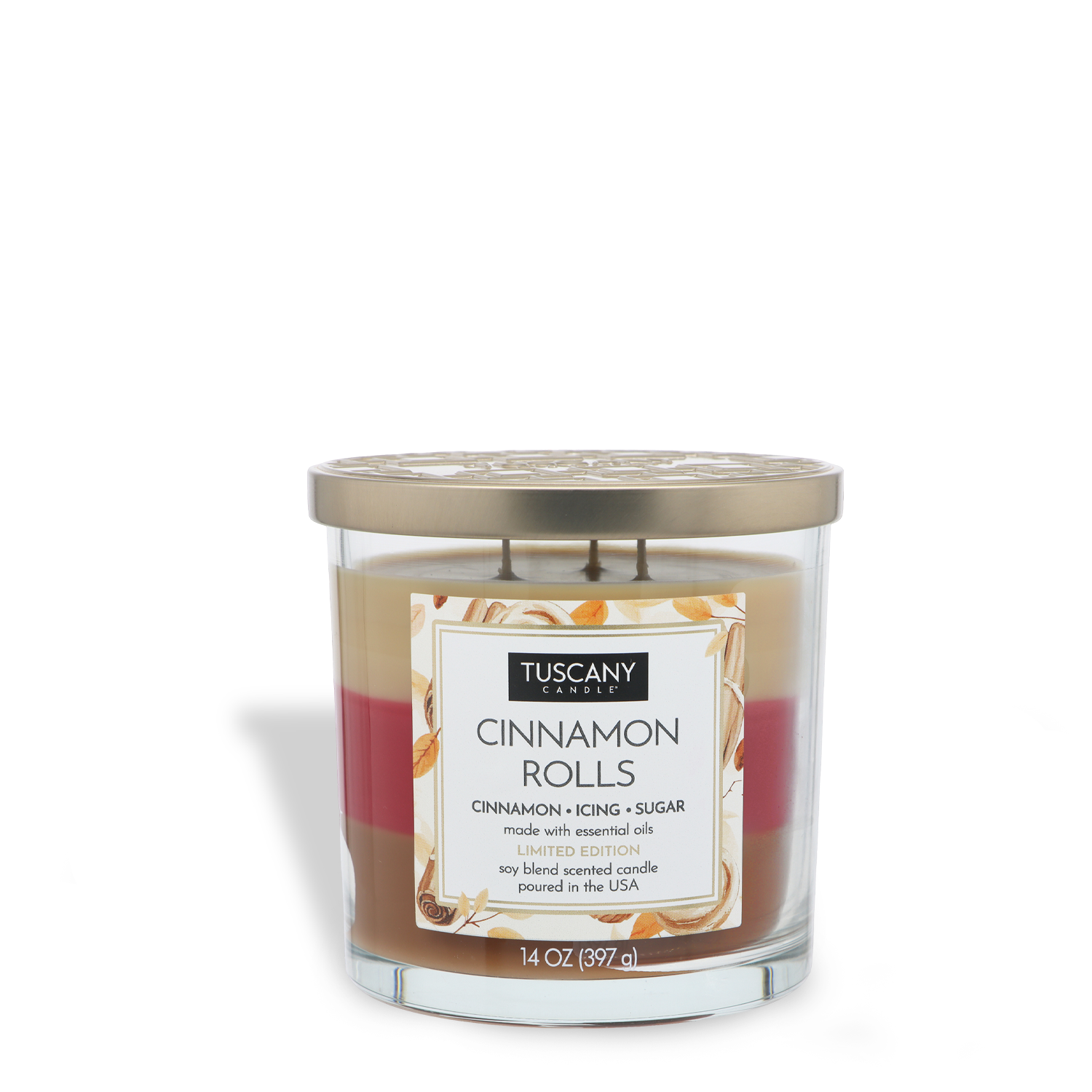 The Tuscany Candle® SEASONAL Cinnamon Rolls: Icing & Sugar Scented Fall Candle (14 oz) features cinnamon, icing, and sugar scents in a clear glass jar with a gold lid.