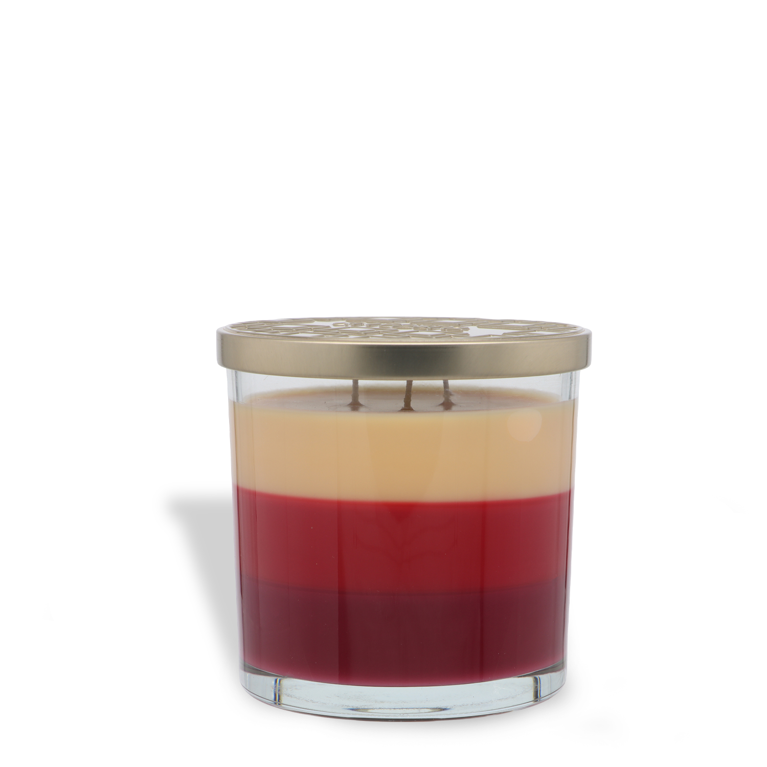 The Tuscany Candle® SEASONAL Apple Pie: Cinnamon & Butter Scented Fall Candle (14 oz) features a glass jar with three cream, red, and dark red wax layers, three wicks, and a metallic lid.