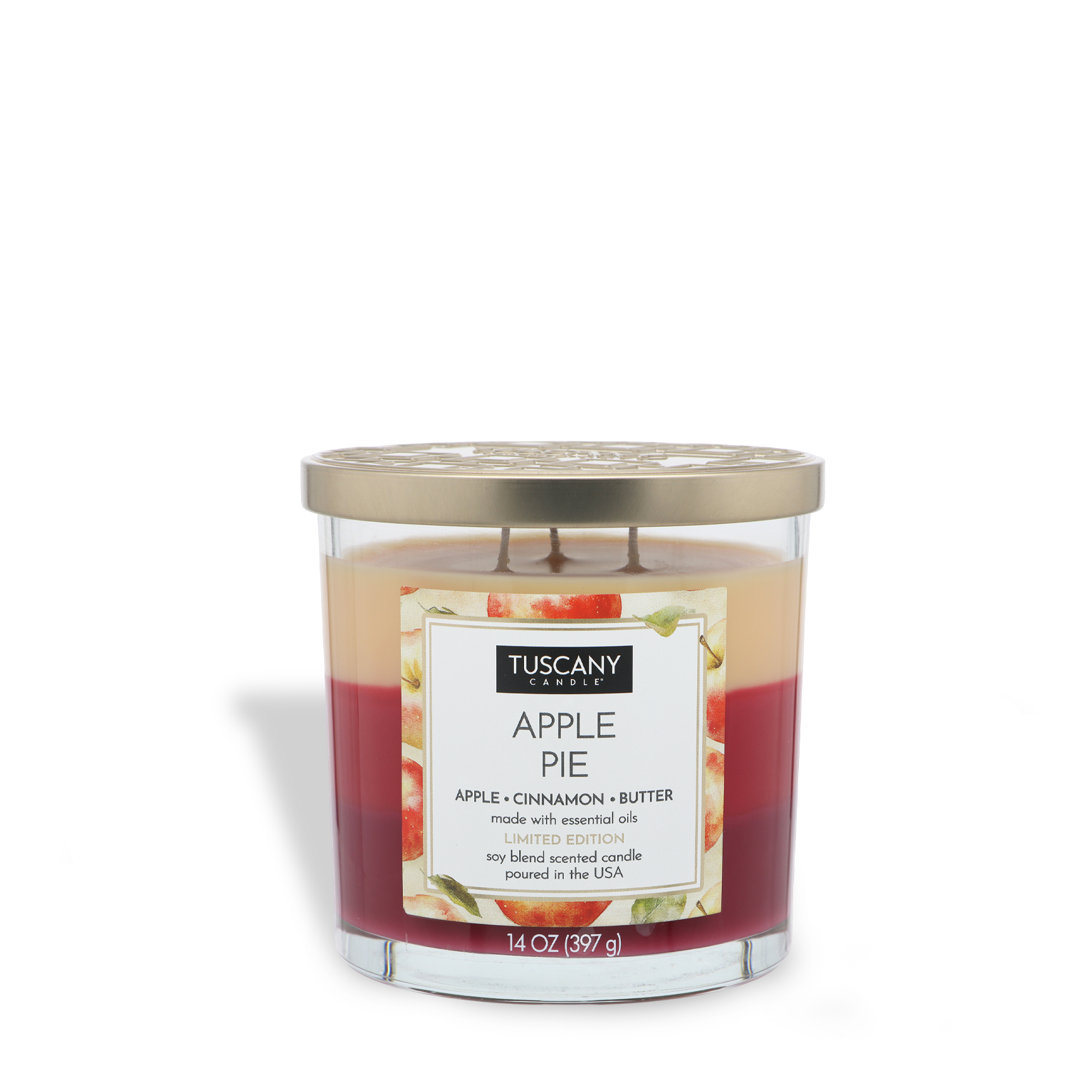 The 14 oz Tuscany Candle® SEASONAL “Apple Pie: Cinnamon & Butter Scented Fall Candle” features a glass jar, gold lid, and white background.