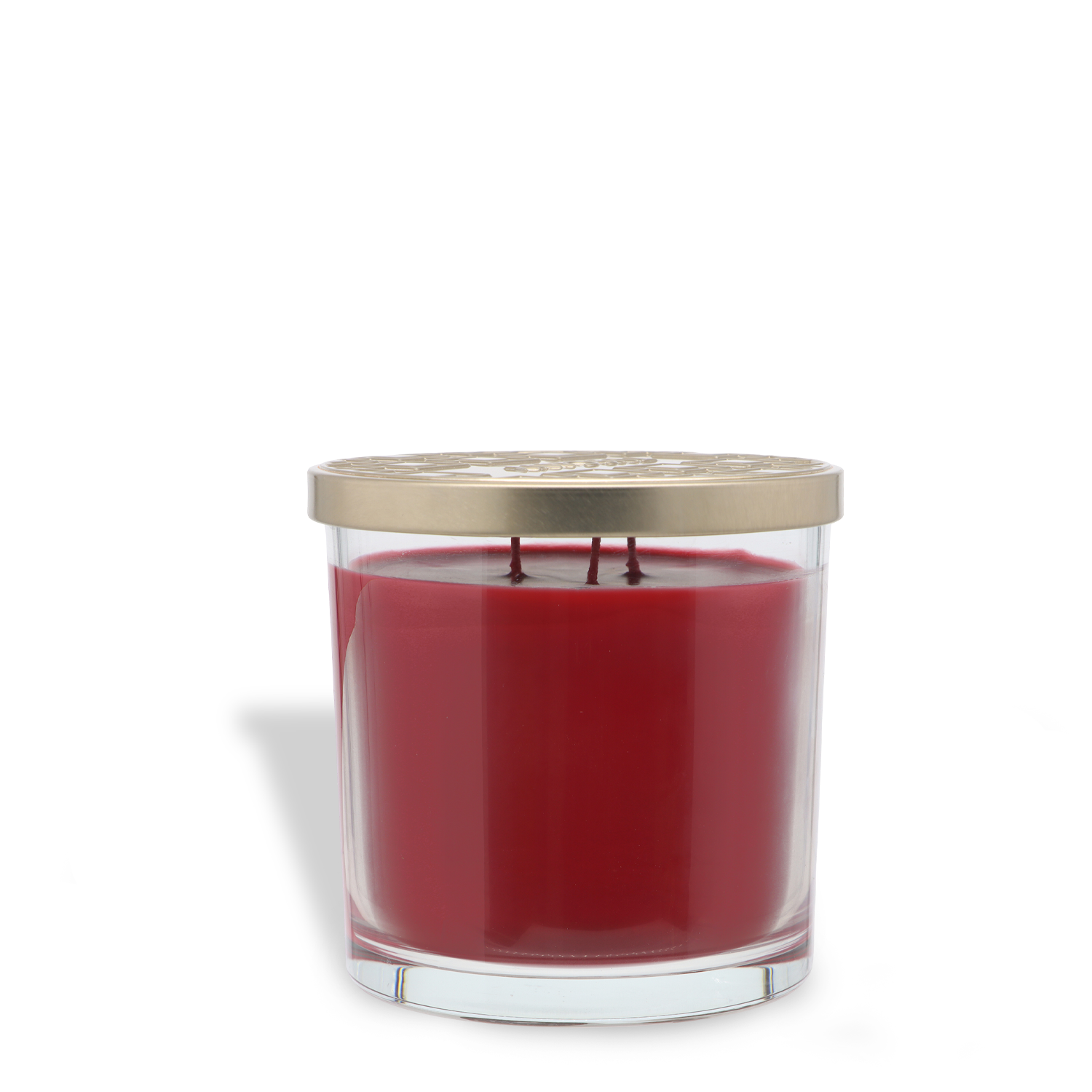 The Tuscany Candle® SEASONAL Apple Cider: Clove Buds & Cinnamon Scented Fall Candle (14 oz) is a red three-wick candle in a clear glass jar with a metallic lid, shown against a white background.