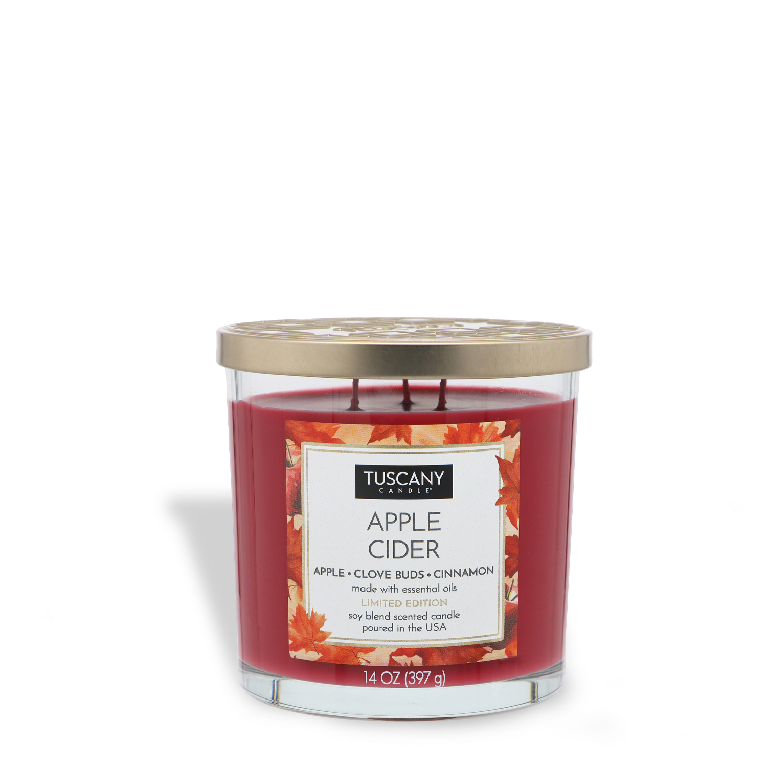 A Tuscany Candle® SEASONAL "Apple Cider: Clove Buds & Cinnamon" fall candle (14 oz) in red, with a gold lid and autumn leaf design, features apple, clove bud, and cinnamon scents.