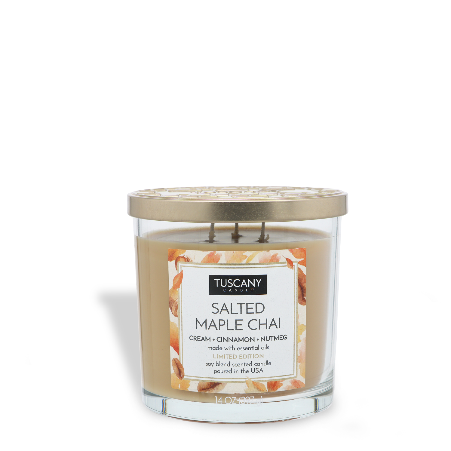 The Tuscany Candle® SEASONAL Salted Maple Chai: Cream & Cinnamon Scented Fall Candle (14 oz) features cream-colored wax in a glass jar with a gold lid and a decorative scent and ingredient label.