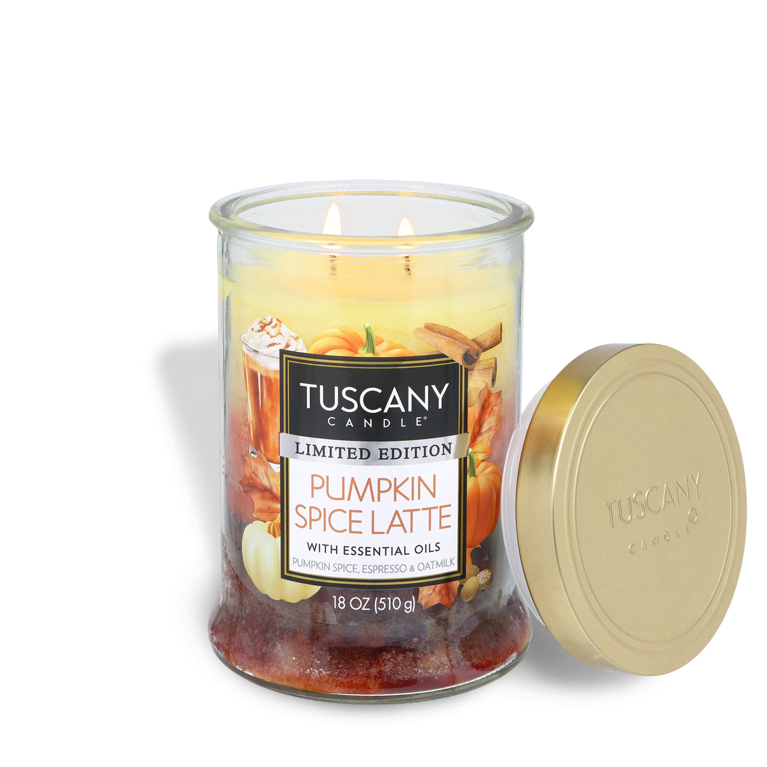 An 18 oz Tuscany Candle® SEASONAL jar labeled "Pumpkin Spice Latte: Espresso & Oat Milk," shown with its gold lid, evokes fall with a limited edition scent blend.