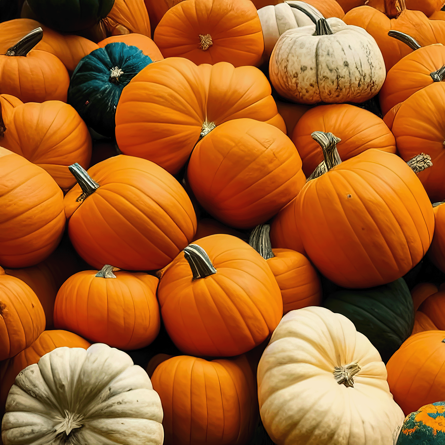 A large pile of pumpkins and gourds in shades of orange, white, and green, stacked closely together, evokes the cozy scent of Tuscany Candle® SEASONAL’s Pumpkin Spice Latte: Espresso & Oat Milk Scented Fall Candle (18 oz).