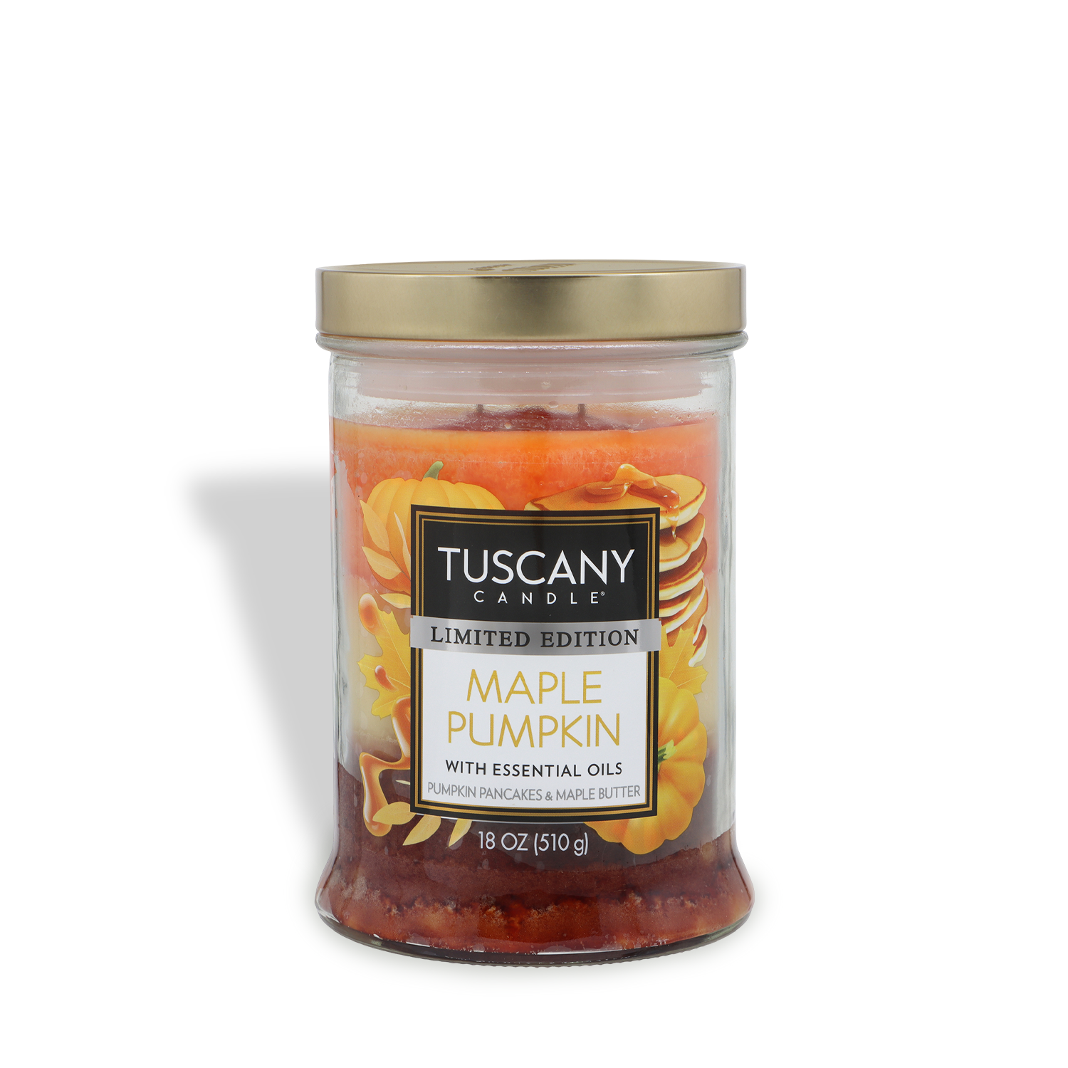 An 18 oz Tuscany Candle® SEASONAL Maple Pumpkin: Buttered Pancake Scented Fall Candle in a glass jar with gold lid and autumn-themed label.