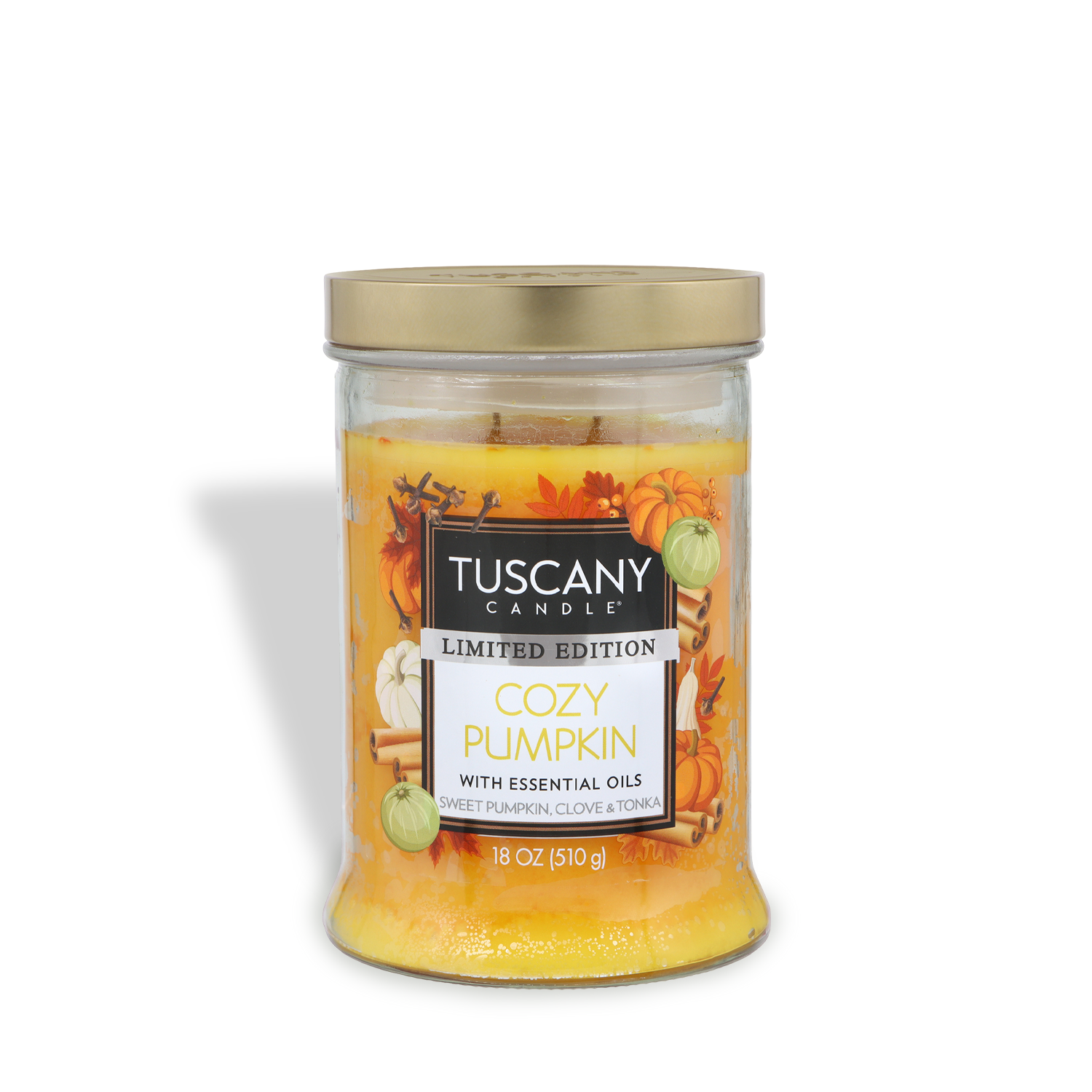 An 18 oz Tuscany Candle® SEASONAL Cozy Pumpkin: Sweet Pumpkin & Clove scented fall candle in a glass jar with a gold lid and autumn-themed label.