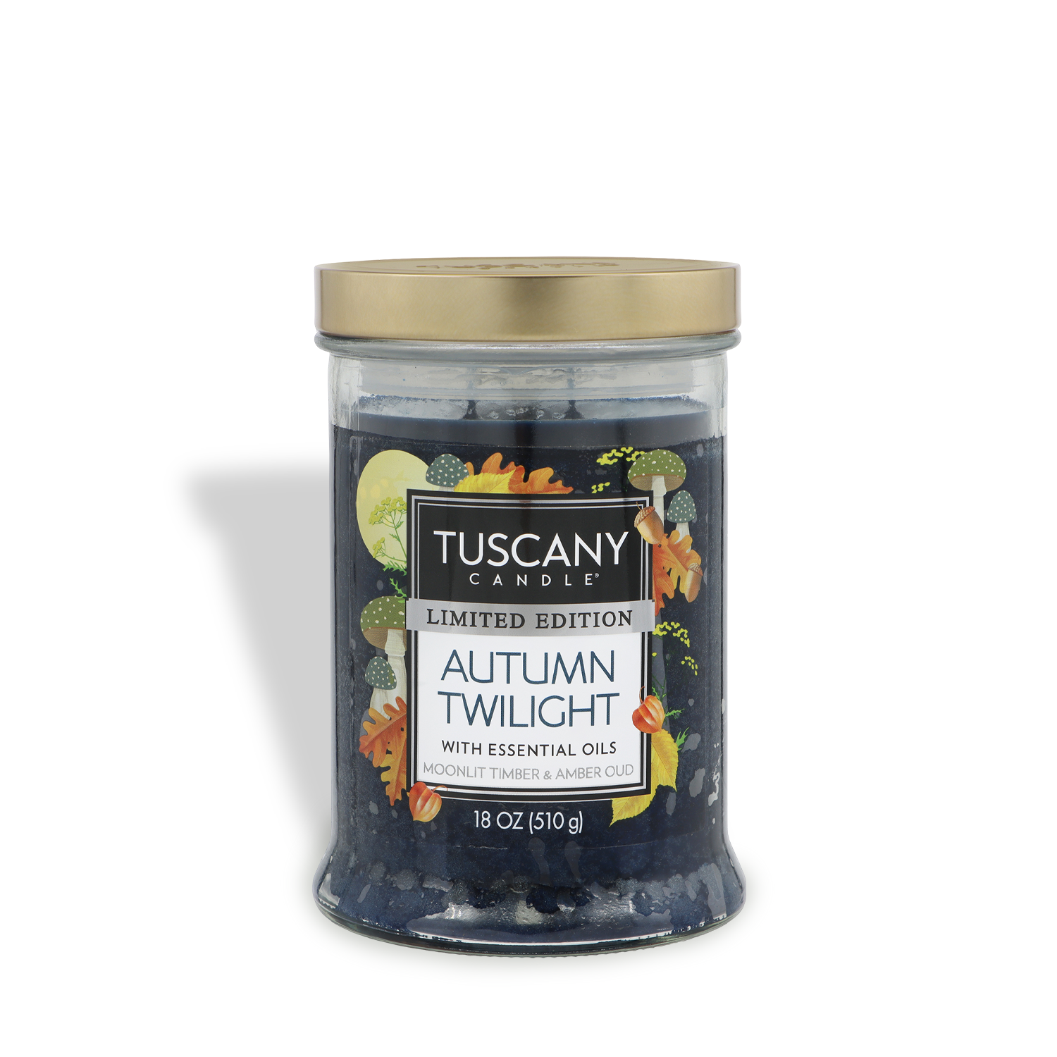 Tuscany Candle® SEASONAL Autumn Twilight: Moonlit Timber & Amber Oud Scented Fall Candle (18 oz) comes in a glass jar with a gold lid, essential oils, autumn-themed design, and is labeled as limited edition.