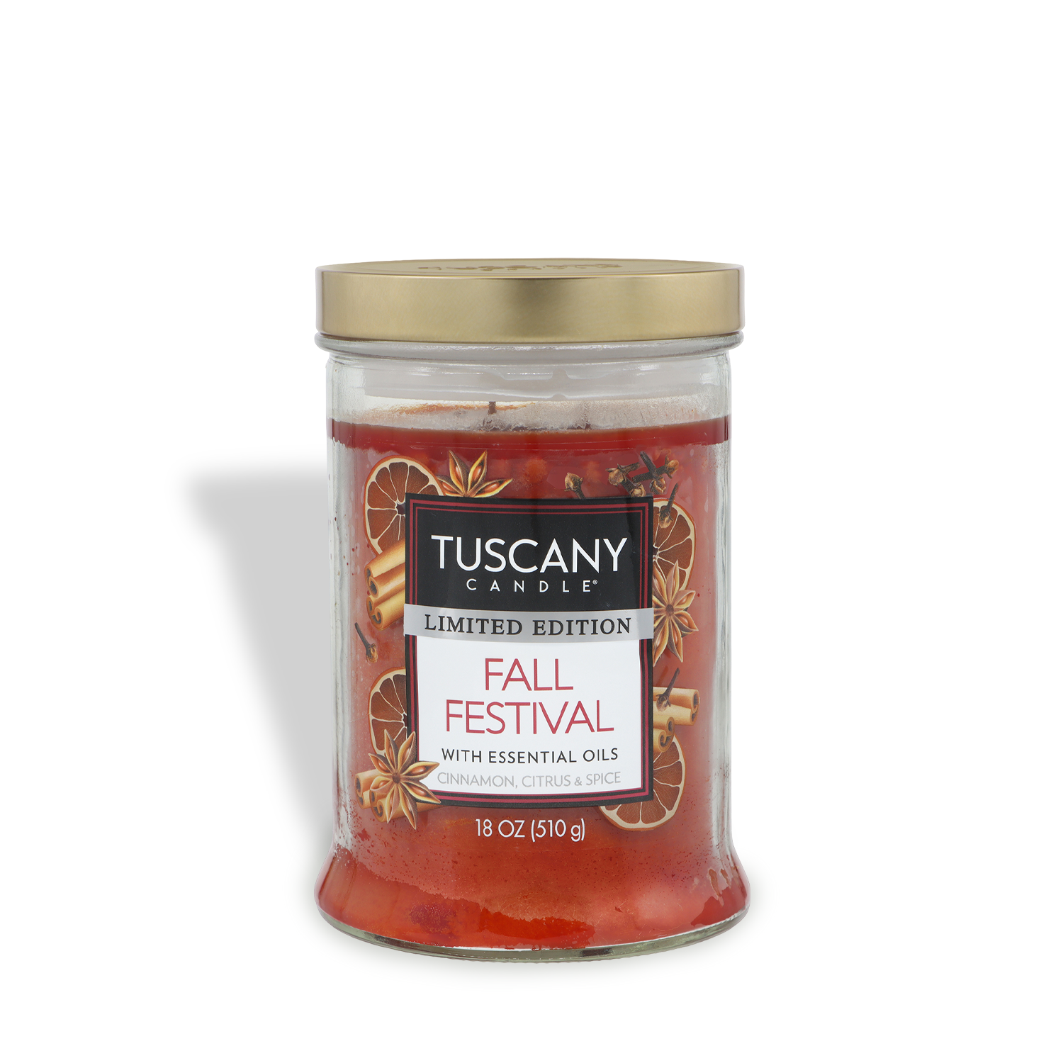 The Tuscany Candle® SEASONAL "Fall Festival: Cinnamon & Citrus Scented Fall Candle" (18 oz) is a limited edition candle with a gold lid, featuring red wax infused with cinnamon and citrus notes.