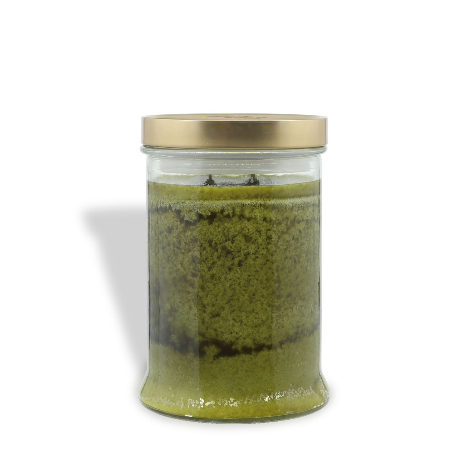 The Tuscany Candle® SEASONAL Forest Moss: Wild Blooms & Musk Scented Fall Candle (18 oz) sits against a white background in a clear glass jar with a gold-colored metal lid, displaying its green, layered wax.