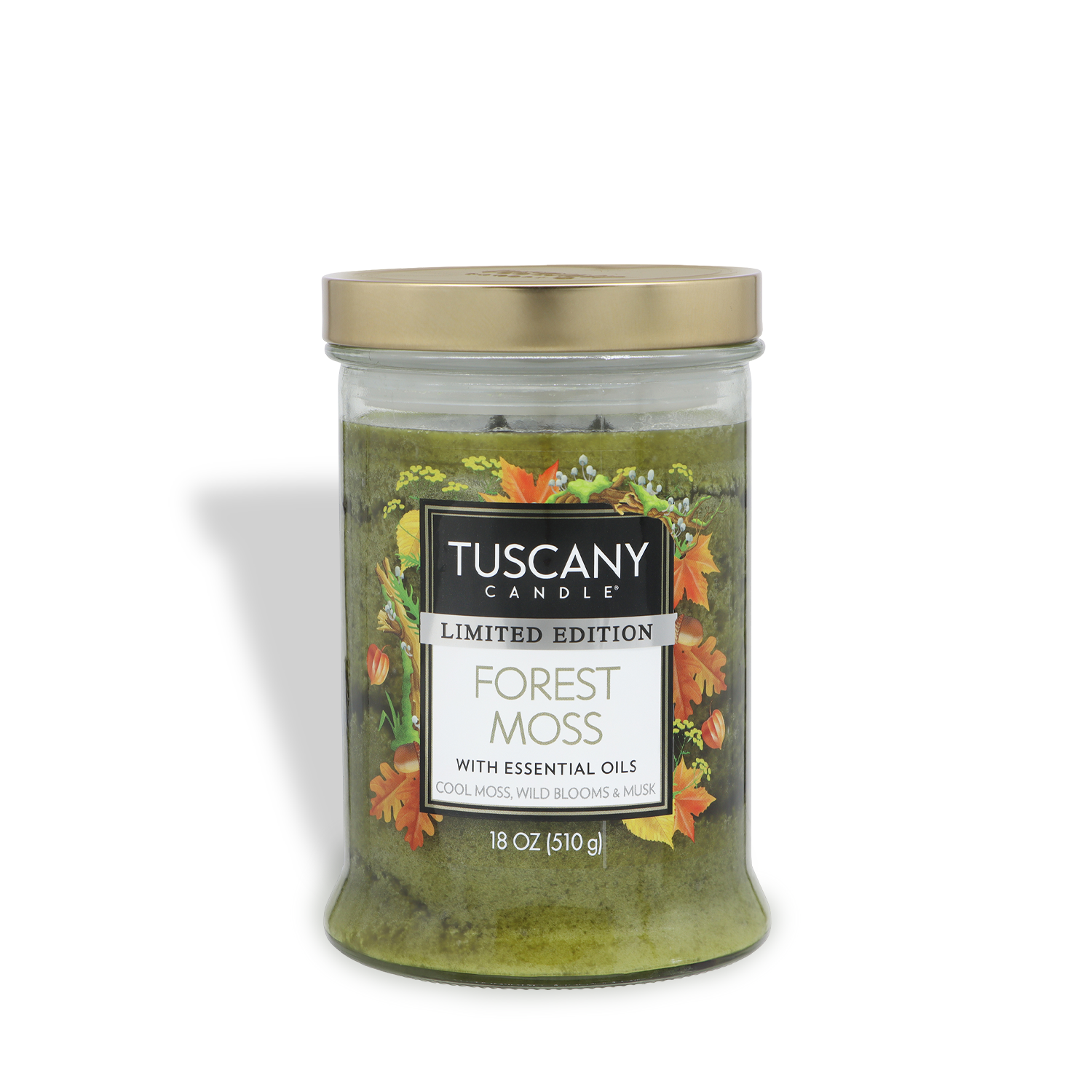 An 18 oz Tuscany Candle® SEASONAL jar in "Forest Moss: Wild Blooms & Musk" scent, green wax, floral label design, and essential oils.
