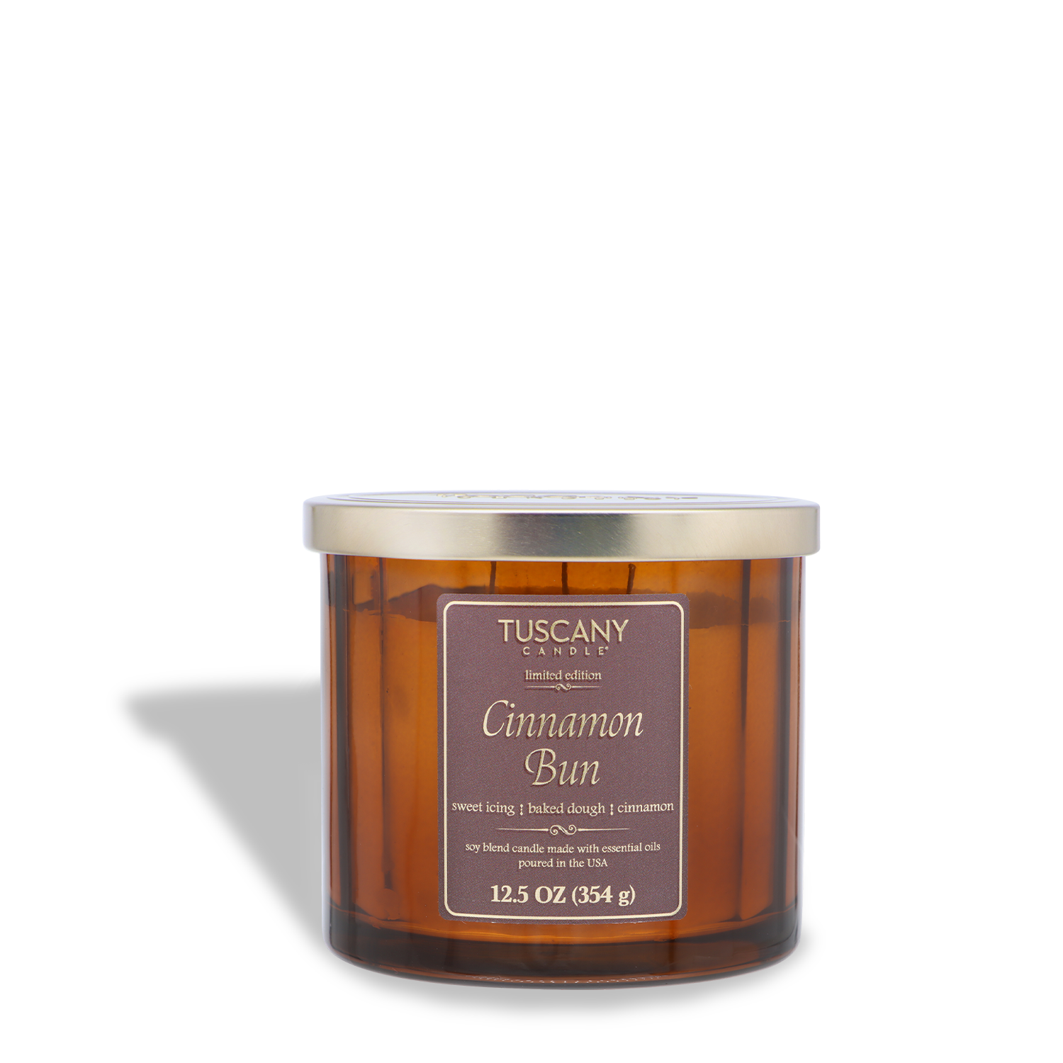 The Tuscany Candle® SEASONAL Cinnamon Bun: Icing & Dough Scented Fall Candle (12.5 oz) features a silver lid and is made with soy blend wax, offering a warm, cozy aroma perfect for the season.