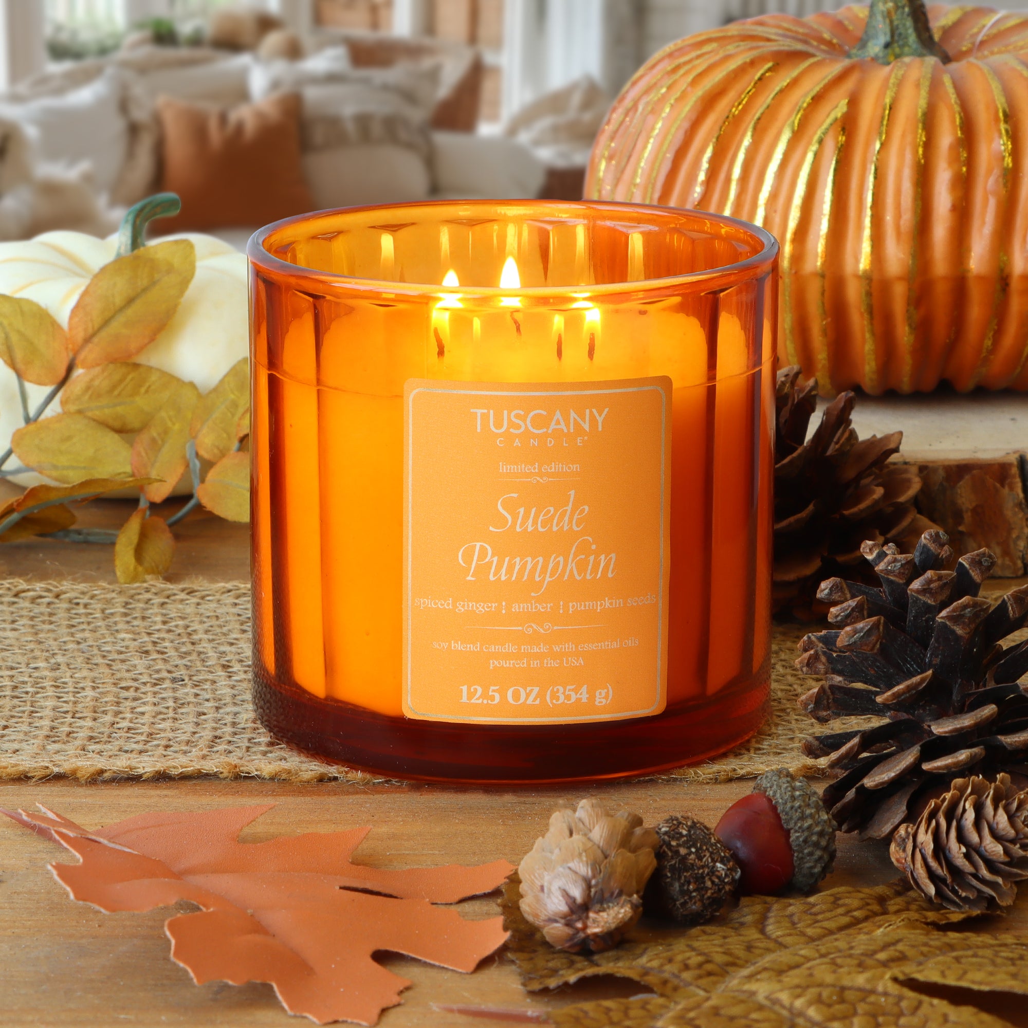 A Tuscany Candle® SEASONAL Suede Pumpkin: Ginger & Amber Scented Fall Candle (12.5 oz) glows on a wooden table, filling the air with autumn fragrance amid pinecones, leaves, and a decorative pumpkin in the background.