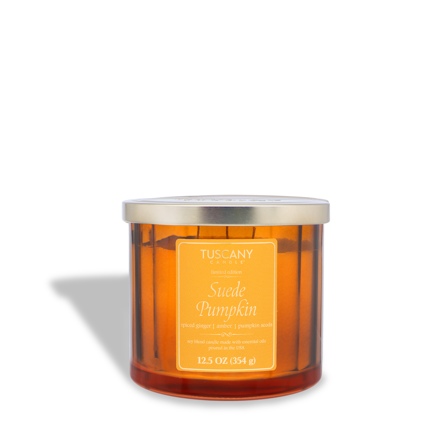The Tuscany Candle® SEASONAL Suede Pumpkin: Ginger & Amber Scented Fall Candle (12.5 oz) features an orange jar with a silver lid, ideal for autumn home fragrance, shown against a white background.