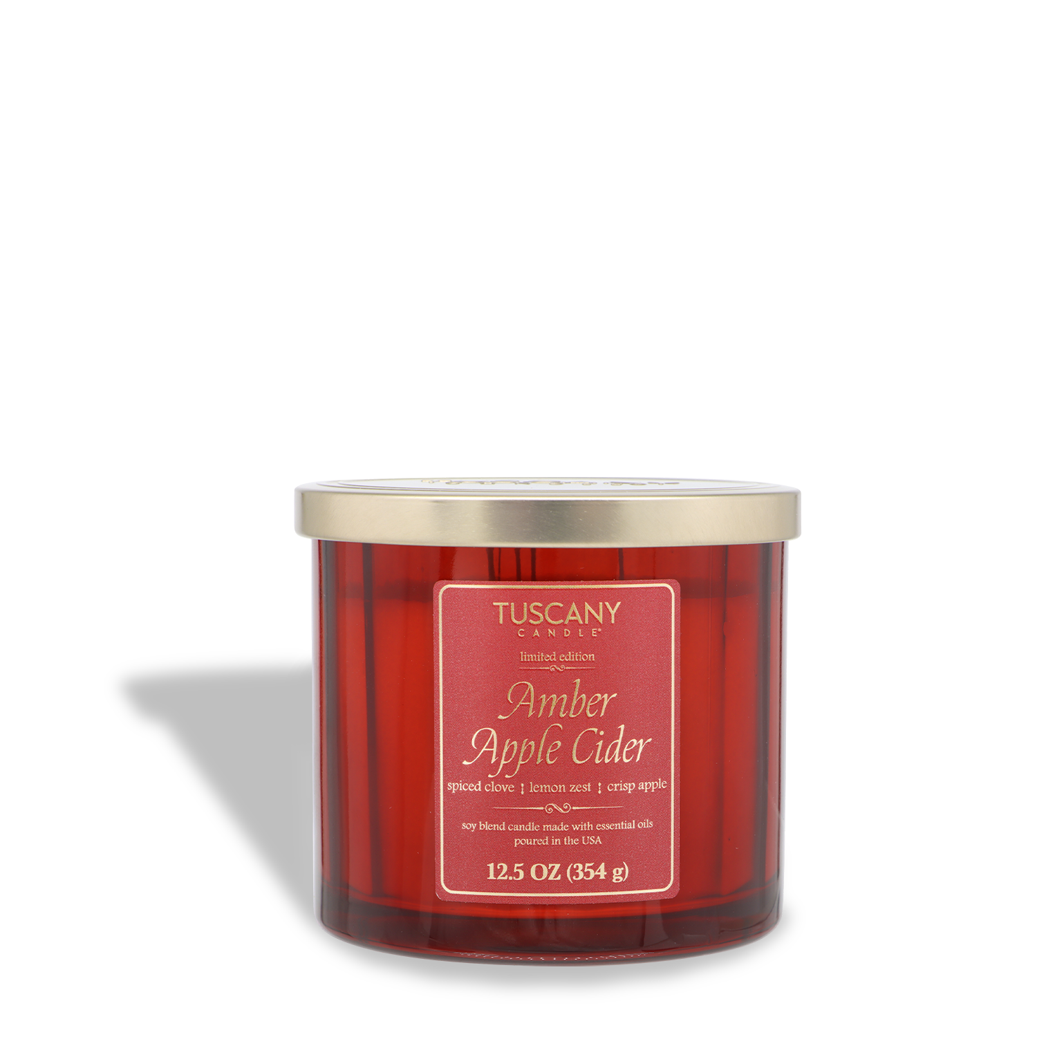 The Tuscany Candle® SEASONAL Amber Apple Cider: Clove & Lemon Zest Scented Fall Candle (12.5 oz) is a red jar candle with a gold lid, offering autumn home fragrance in spiced apple, clove, and lemon zest notes.