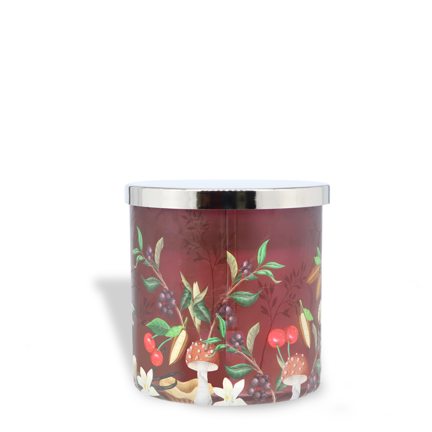 The Tuscany Candle® SEASONAL Fireside Black Cherry: Vanilla & Praline Scented Fall Candle (14 oz) comes in a maroon cylindrical container with a metallic silver lid, featuring illustrations of mushrooms, berries, and green leaves.