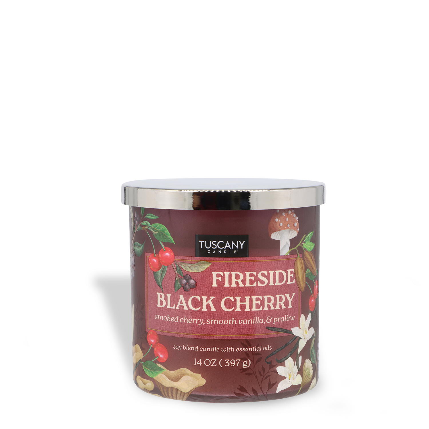 The 14 oz Tuscany Candle® SEASONAL Fireside Black Cherry: Vanilla & Praline Scented Fall Candle features a metallic lid and decorative jar with images of cherries, vanilla flowers, and a mushroom.