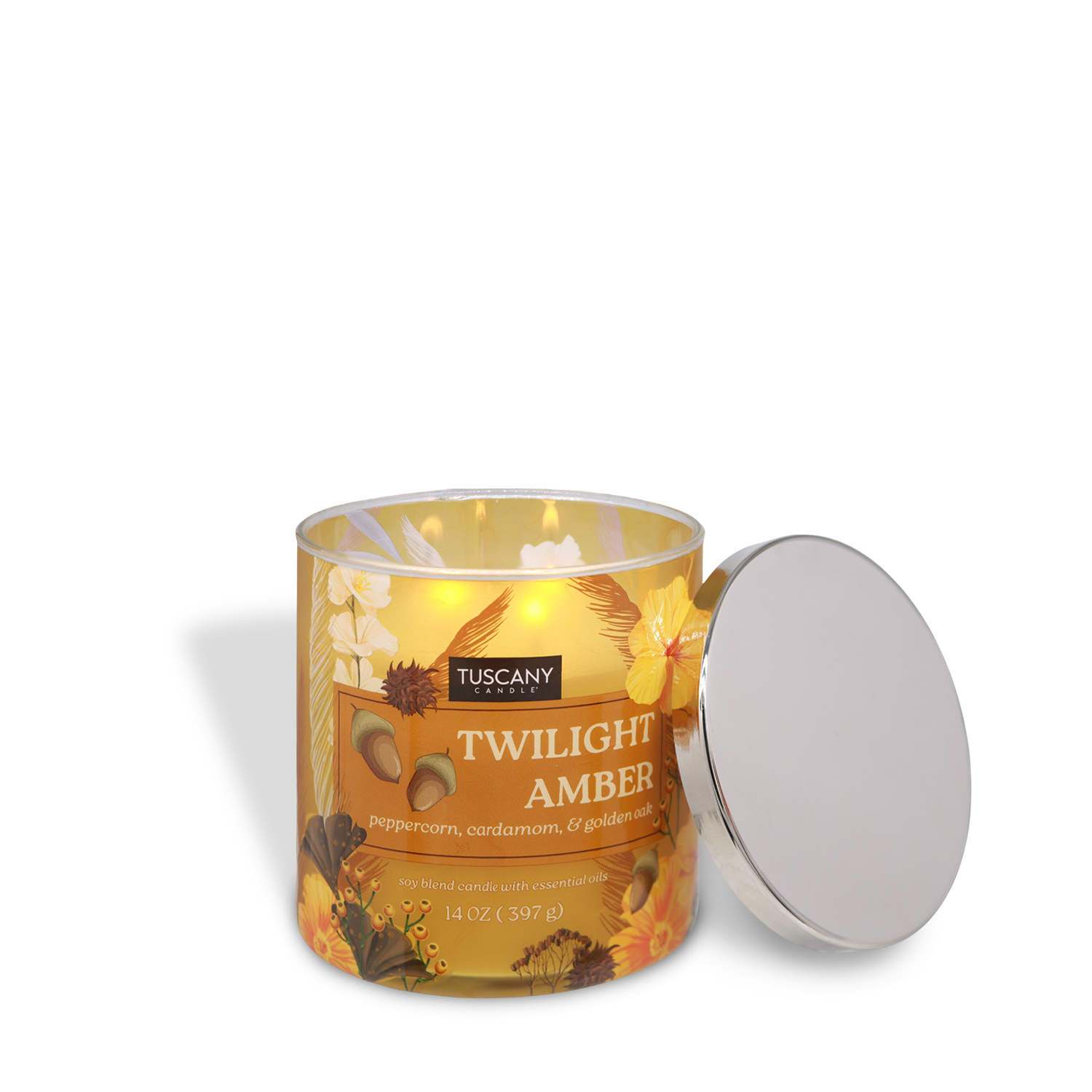 A Tuscany Candle® SEASONAL 14 oz "Twilight Amber: Peppercorn & Cardamom" scented fall candle, with its lid set aside, emits a warm aroma of peppercorn, cardamom, and golden amber.