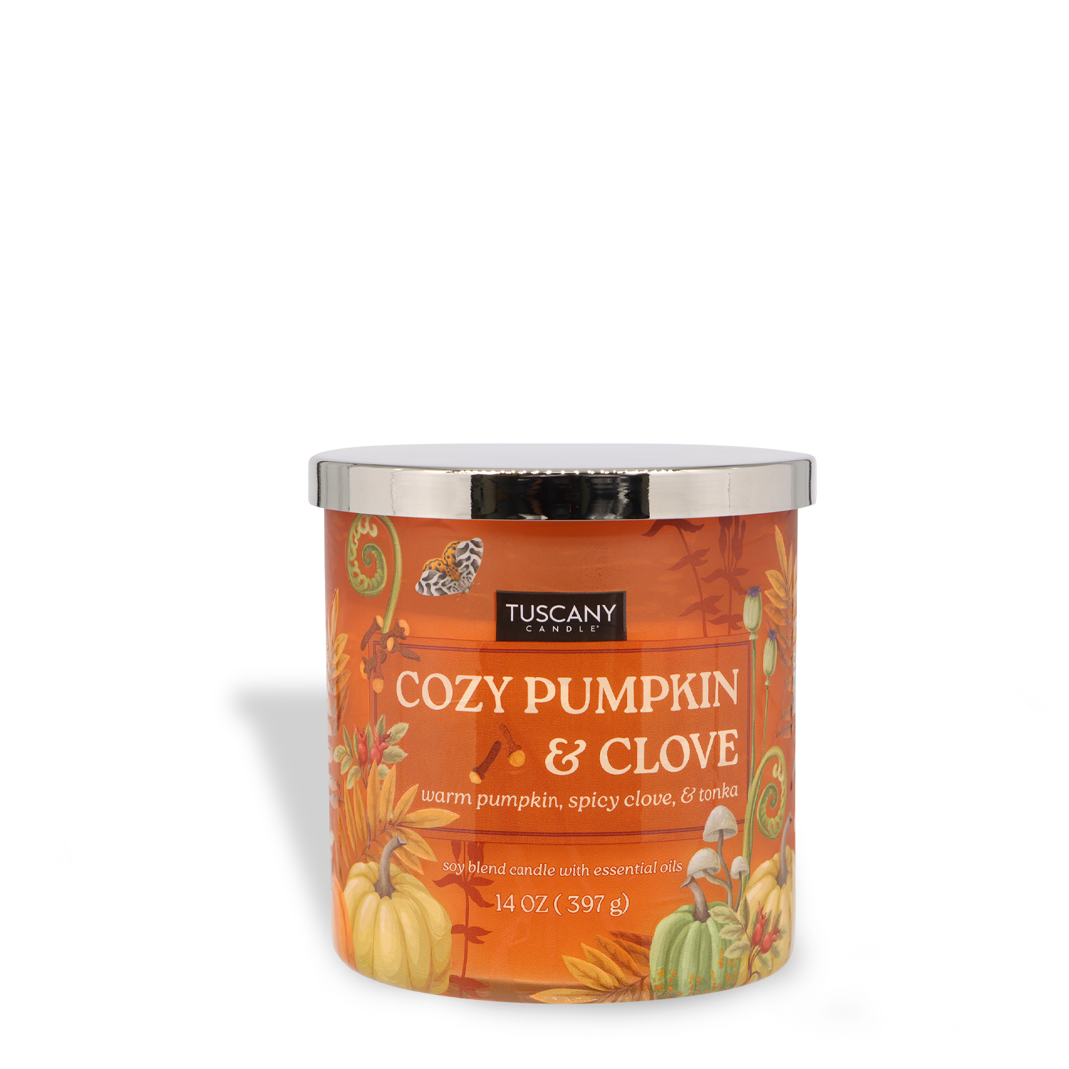 Tuscany Candle® SEASONAL Cozy Pumpkin & Clove: Warm Tonka Scented Fall Candle (14 oz) in a jar with autumn-themed label featuring pumpkins and spices.