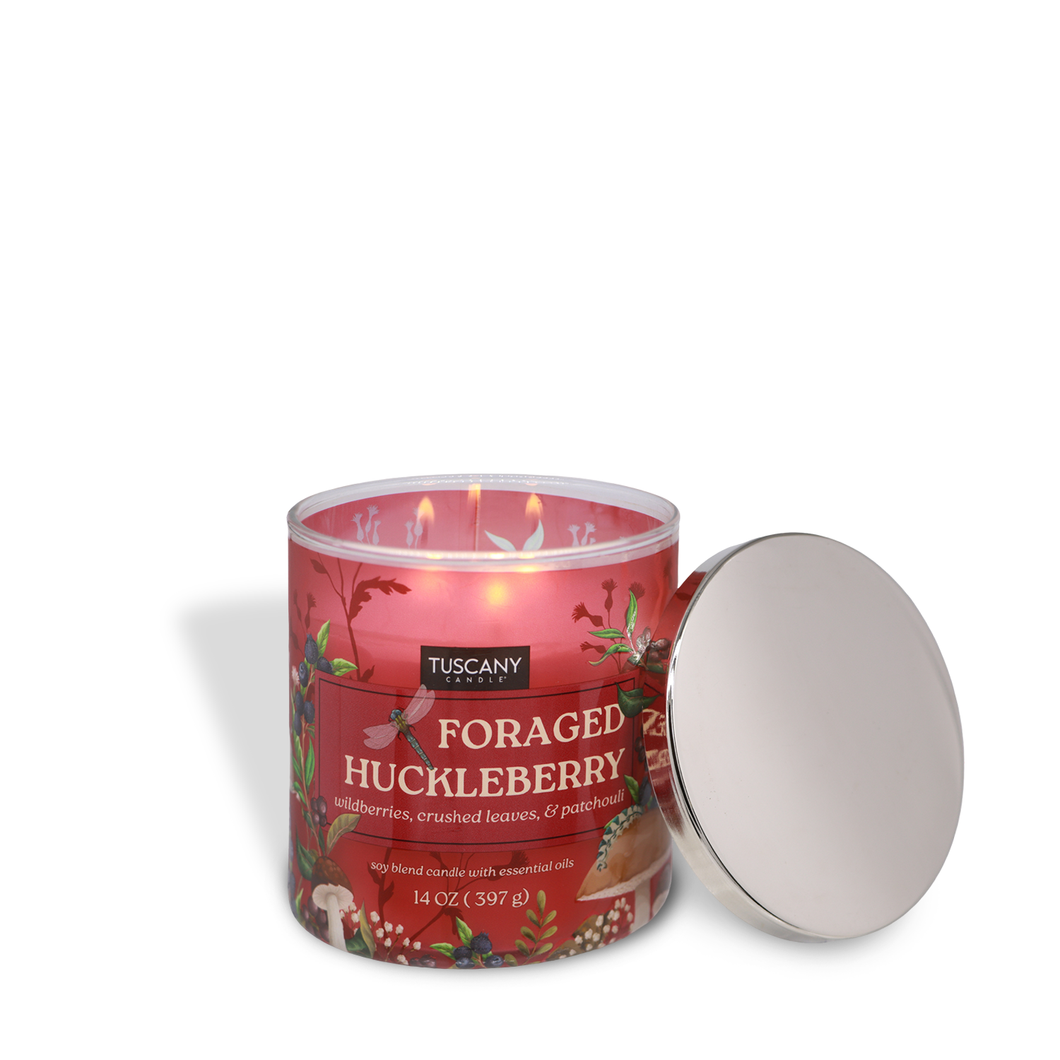 A lit Tuscany Candle® SEASONAL Foraged Huckleberry: Wild Berries & Crushed Leaves Scented Fall Candle (14 oz), with its three wicks and silver lid resting nearby, sits glowing.
