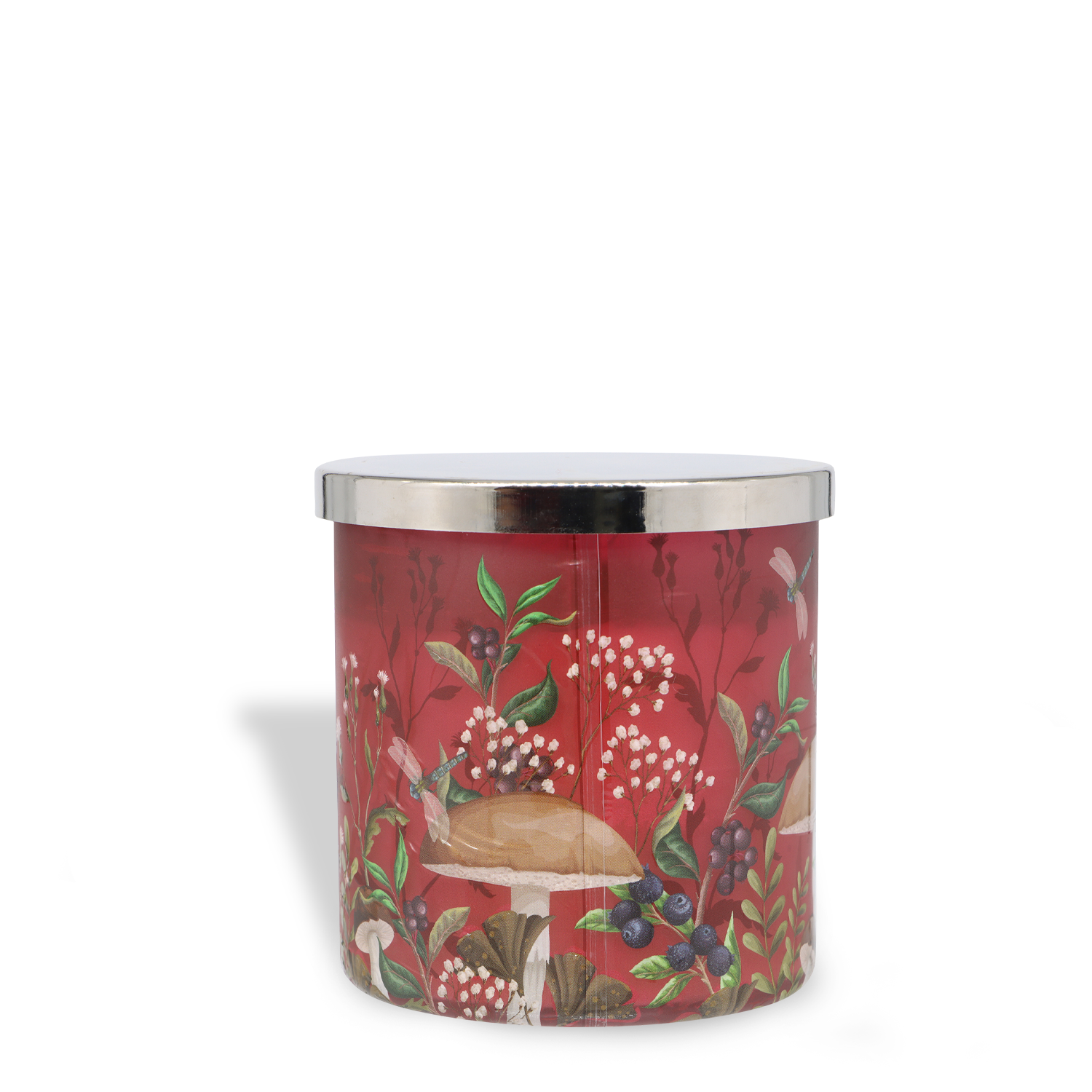 The Tuscany Candle® SEASONAL Foraged Huckleberry: Wild Berries & Crushed Leaves Scented Fall Candle (14 oz) comes in a cylindrical container with a silver lid, red background, and images of mushrooms, berries, and foliage.