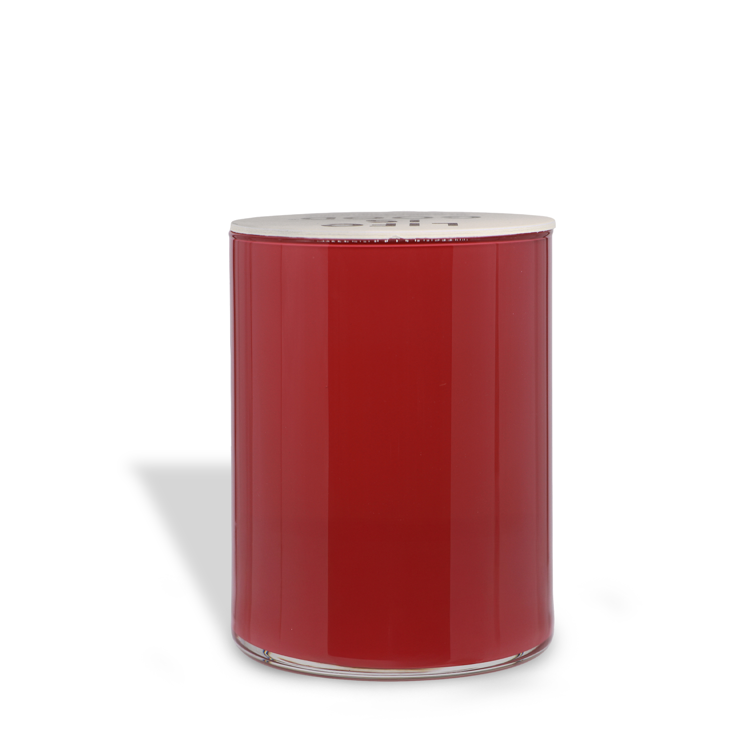 A cylindrical red candle, Peace, Love, & Fall: Cinnamon & Spice (13 oz) by Tuscany Candle® SEASONAL, with a flat metallic lid, is shown on a white background.