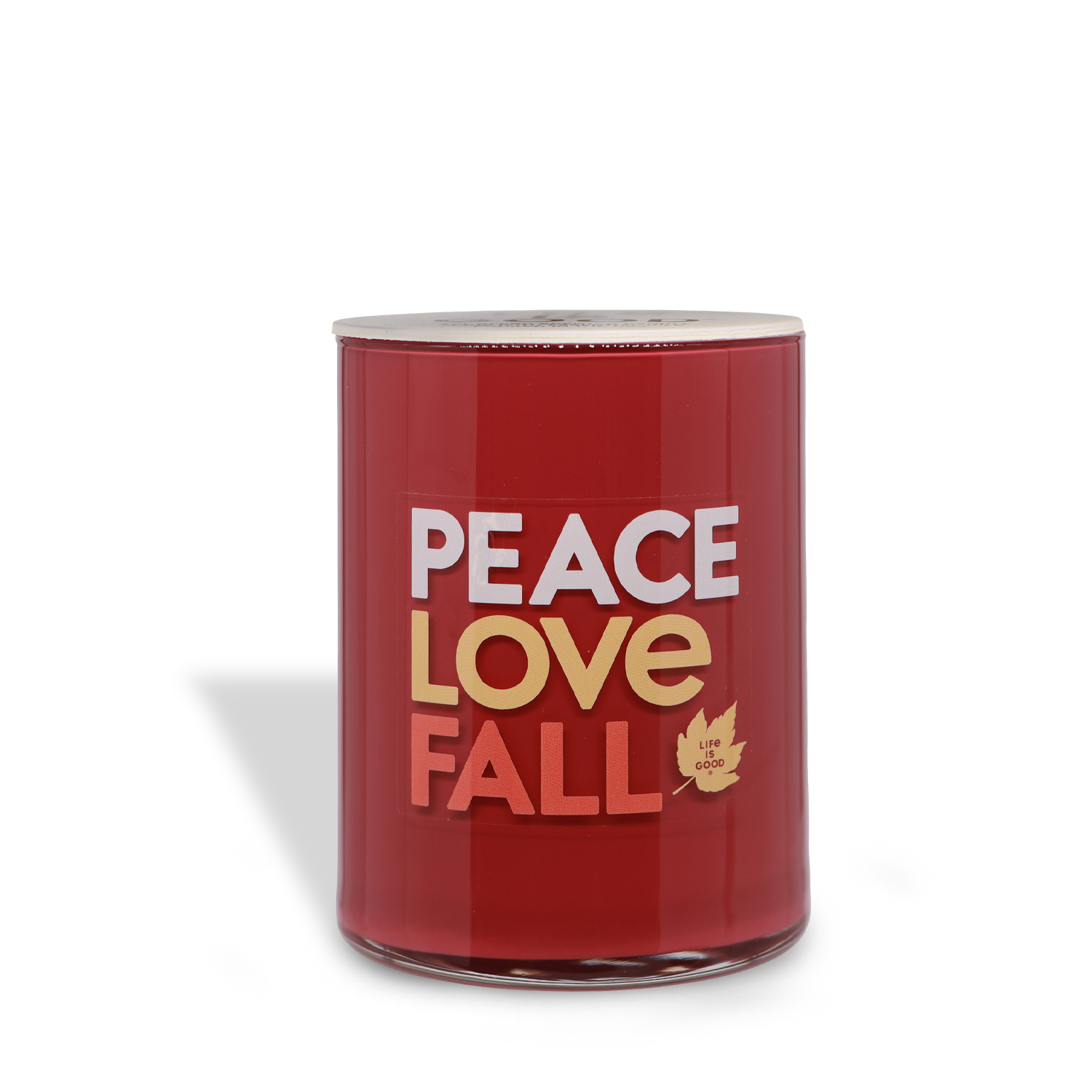 A 13 oz red glass jar candle by Tuscany Candle® SEASONAL, featuring "PEACE LOVE FALL" with a leaf icon on the front; Peace, Love, & Fall: Cinnamon & Spice Scented – Life Is Good®.