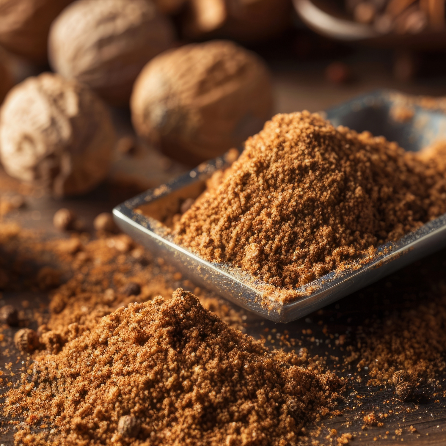 Ground nutmeg in small mounds on a surface, with whole nutmeg seeds in the background, all set on a wooden table—evoking the inviting aroma of cinnamon and spice found in your favorite fall candle: Peace, Love, & Fall: Cinnamon & Spice Scented Fall Candle (13 oz) by Tuscany Candle® SEASONAL for Life Is Good®, crafted from a soy blend wax.