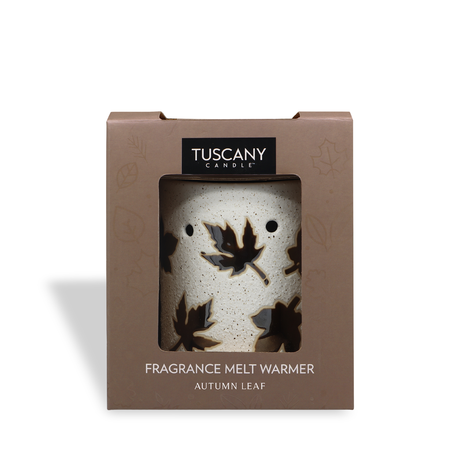 The Tuscany Candle® SEASONAL Autumn Leaf Outlet Wax Melt Warmer features an autumn leaf design and offers flameless fragrance. It comes packaged in a brown box labeled "Autumn Leaf.