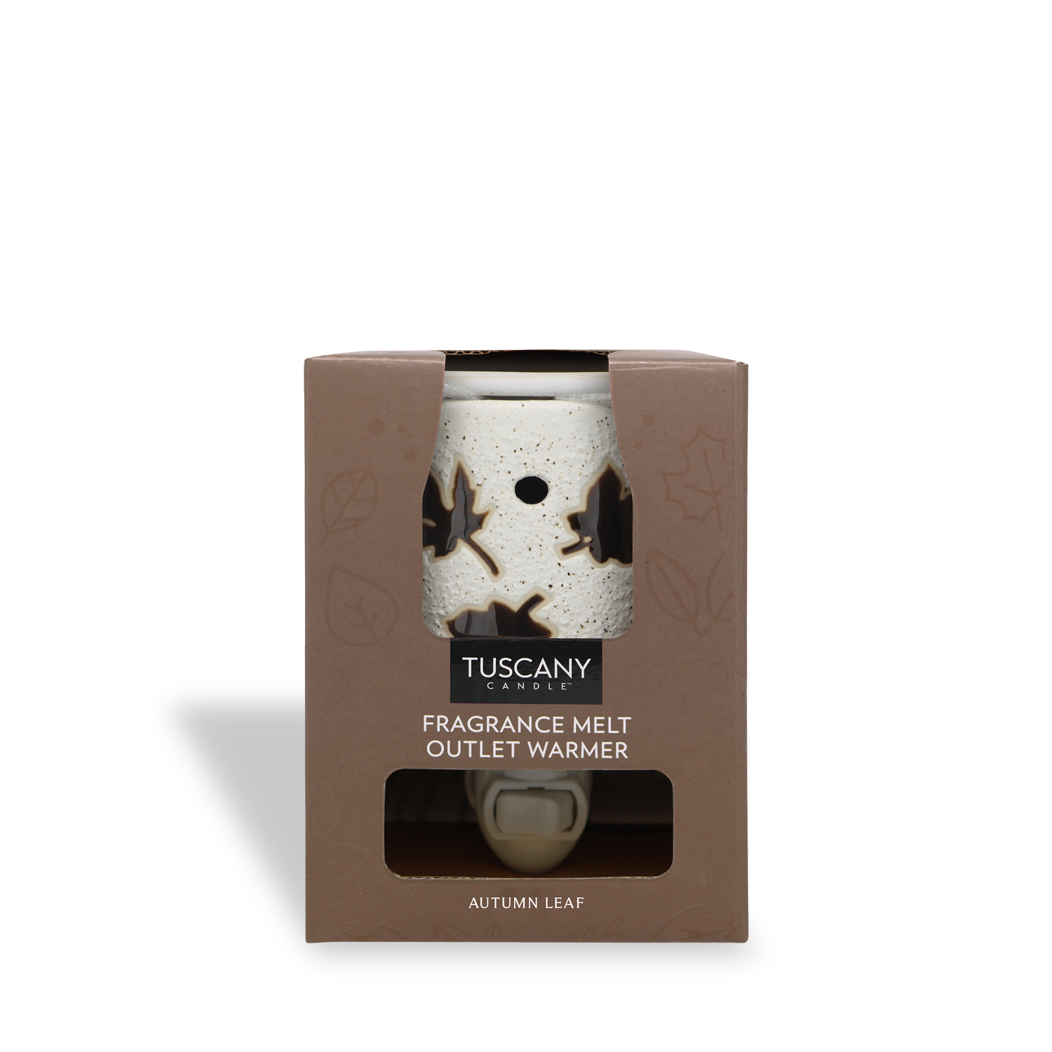 The Tuscany Candle® SEASONAL Autumn Leaf Wax Melt Warmer offers flameless fragrance and comes in a brown box with a clear window to showcase the product.