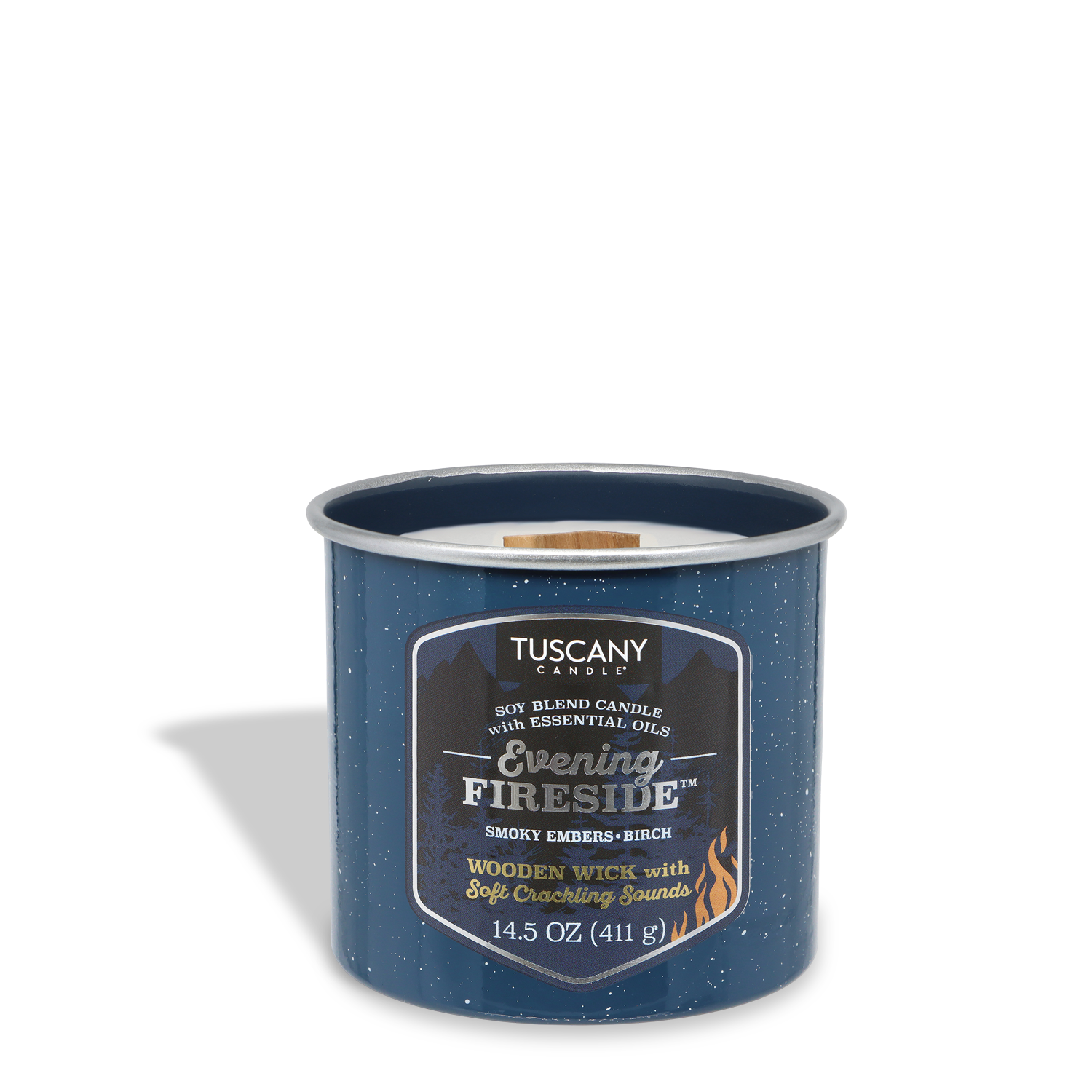 The Tuscany Candle® SEASONAL Evening Fireside®: Smoky Embers & Birch Scented Fall Wooden Wick Candle (14.5 oz) is a soy blend candle with essential oils, offering the inviting aroma of smoky embers and birchwood—perfect for creating cozy fall evenings.