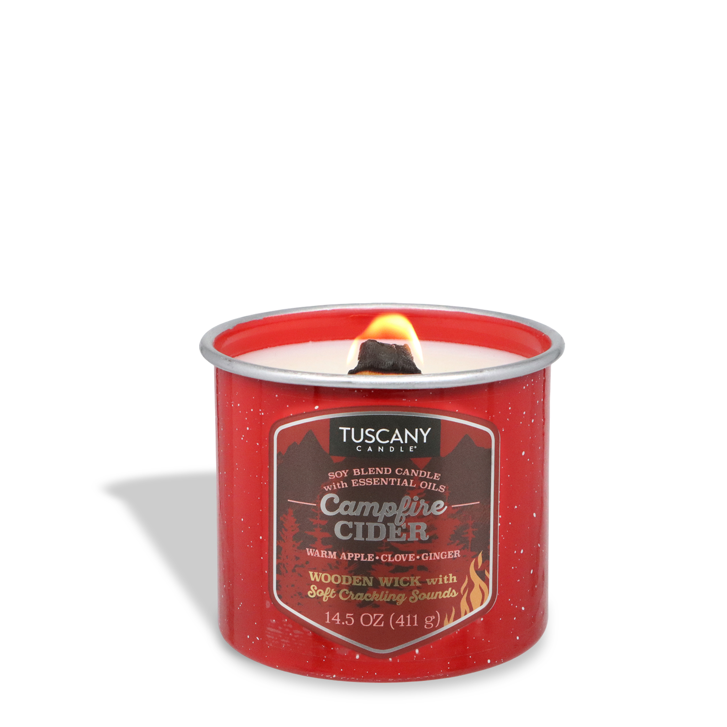 The Tuscany Candle® SEASONAL Campfire Cider: Warm Apple & Clove Scented Fall Wooden Wick Candle (14.5 oz) glows in a red container, filling your space with cozy apple, clove, and ginger notes.