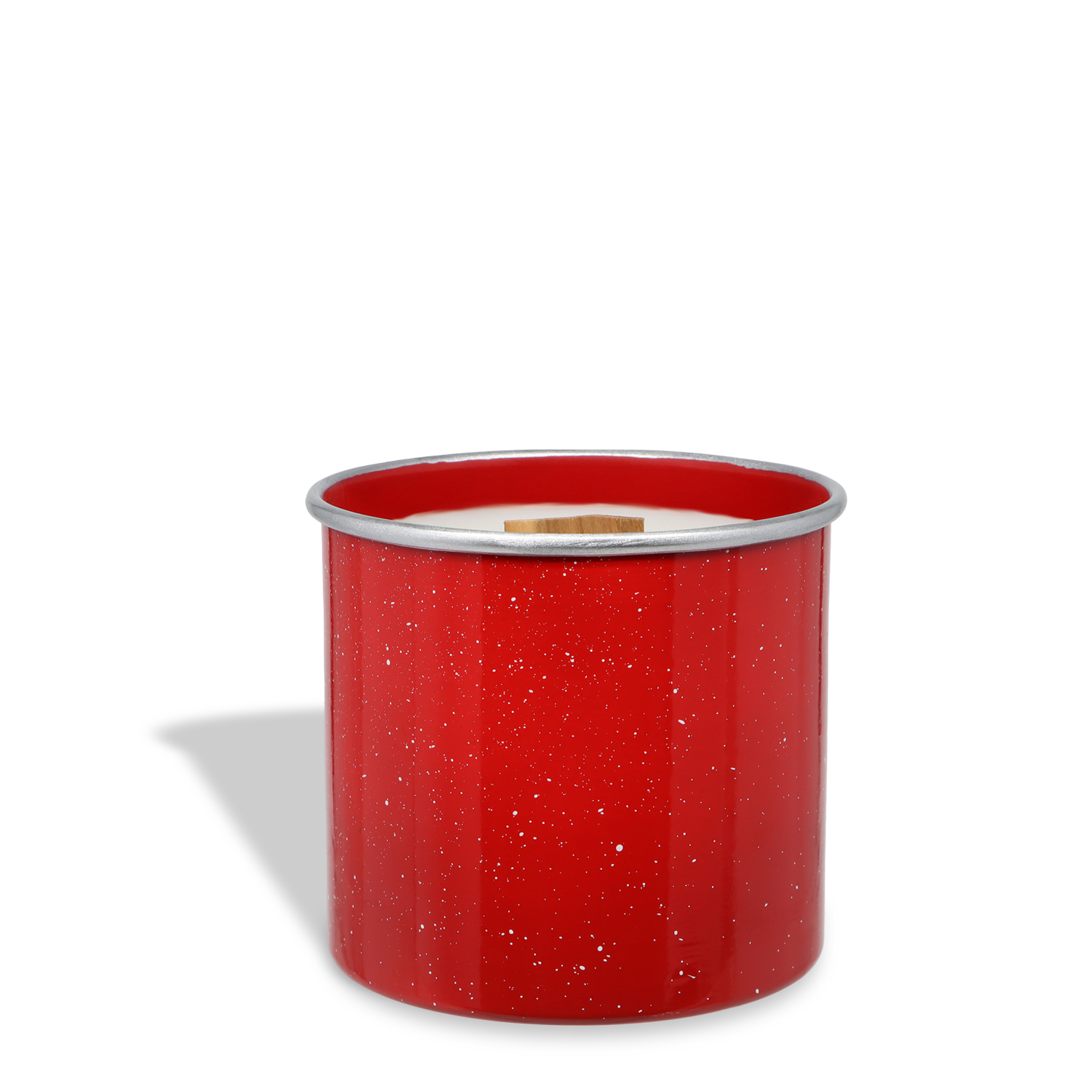 The Tuscany Candle® SEASONAL Campfire Cider: Warm Apple & Clove Scented Fall Wooden Wick Candle (14.5 oz) sits on a white background, casting a shadow with its red speckled metal container, lid, and small wooden handle.