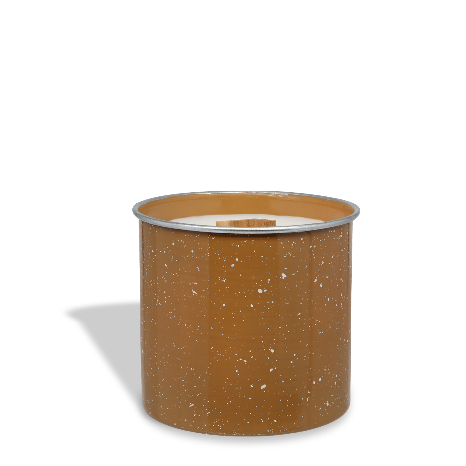 A brown speckled cylindrical tin with a silver rim, displayed against a white background with left-side shadow, ideal for holding the Tuscany Candle® SEASONAL Backwoods Bound: Leather & Tobacco Scented Fall Wooden Wick Candle (14.5 oz).