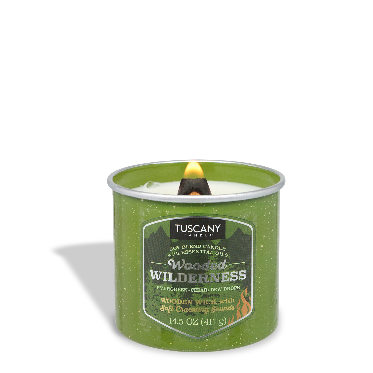 A 14.5 oz Tuscany Candle® SEASONAL “Wooded Wilderness: Evergreen & Cedar” fall candle with a wooden wick, green tin, and woodsy cedar forest scent.