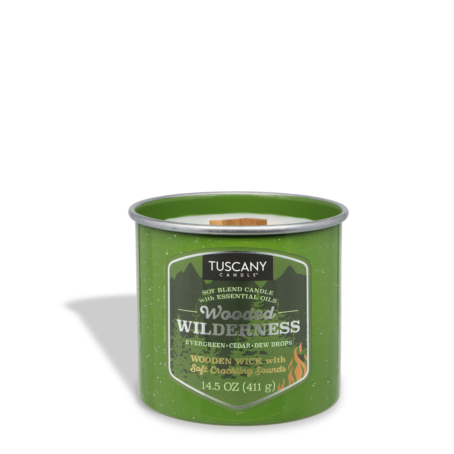 The Tuscany Candle® SEASONAL "Wooded Wilderness: Evergreen & Cedar Scented Fall Wooden Wick Candle" (14.5 oz) features a woodsy evergreen and cedar aroma with a wooden wick, perfect for autumn.